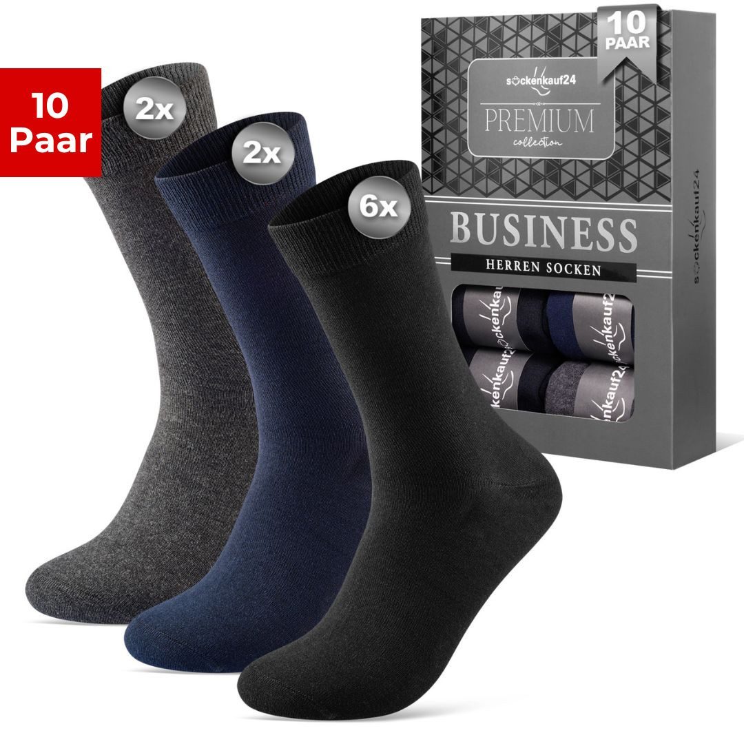 sockenkauf24 Komfortsocken 10 Paar Herren Socken "Premium" Business Socken ohne Gummibund & ohne Naht Baumwolle Komfortbund in edler Box