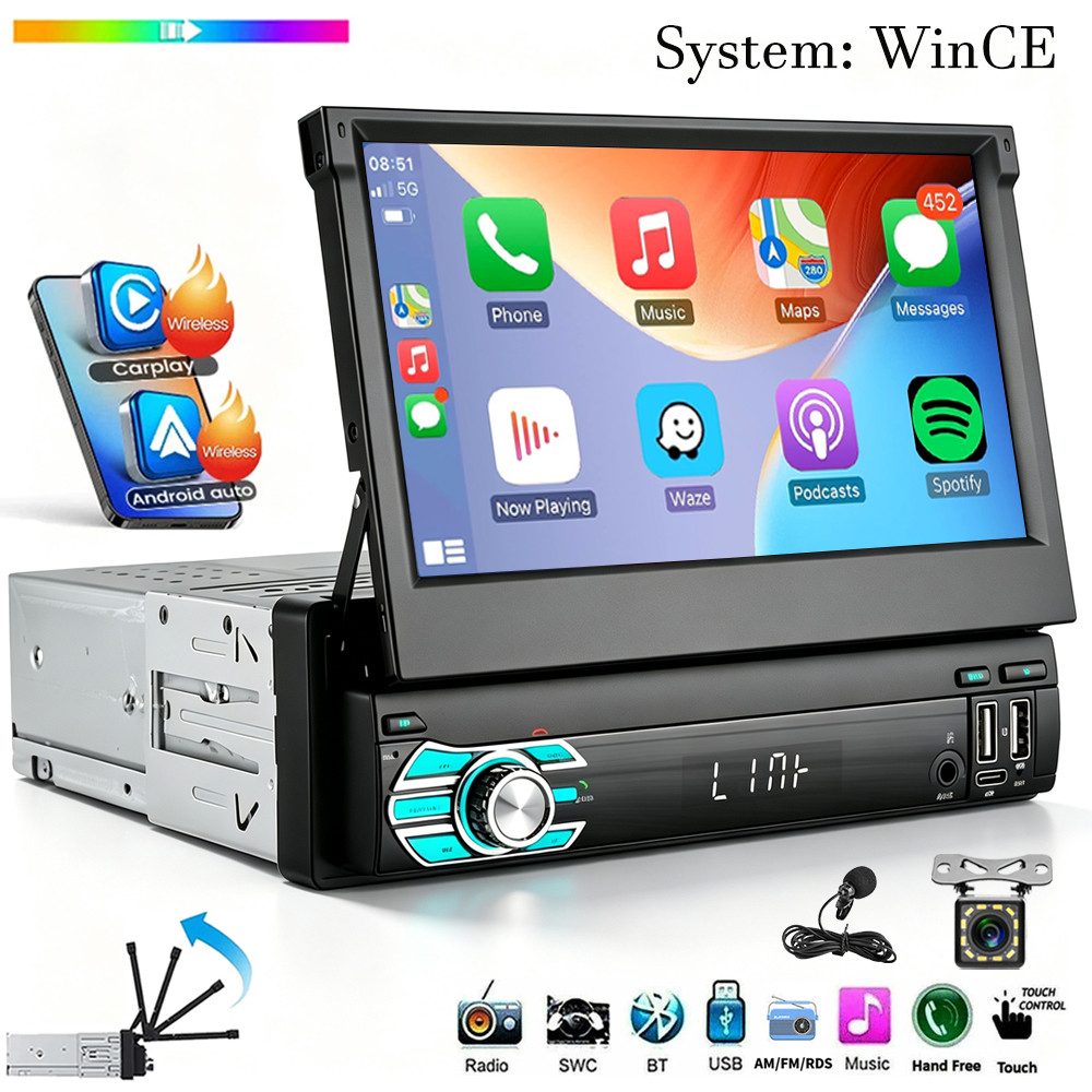 ESSGOO Autoradio 1 DIN 7" WinCE Flip Bildschirm Touchscreen Carplay BT RDS Navigationsgerät