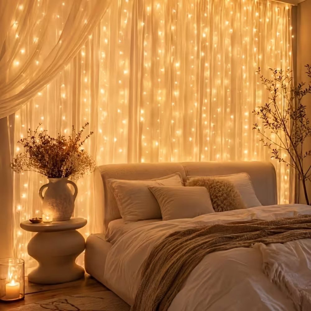 Wrischan LED-Lichtervorhang LED Lichtervorhang 3x3m 300 LEDs Warmweiß mit Fernbedienung 8 Modi, 300 LEDs, 8 Modi, Timer, dimmbar, Fernbedienung, IP65 – Bild 2 von 5