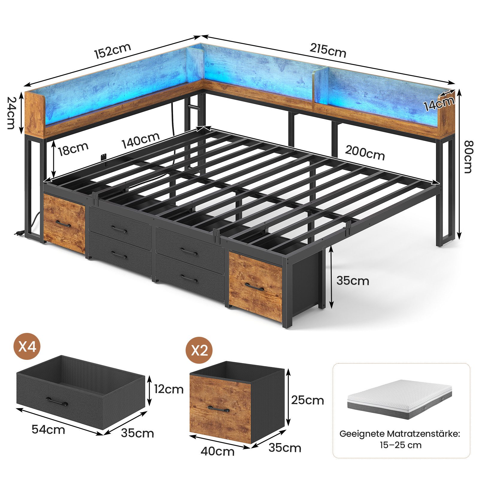 MSMASK Daybett Schlafsofa mit LED-Beleuchtung & Ladestation, Jugendbett Kinderbett, mit Integriertem Bücherregal & 6 Schubladen, 140x200cm