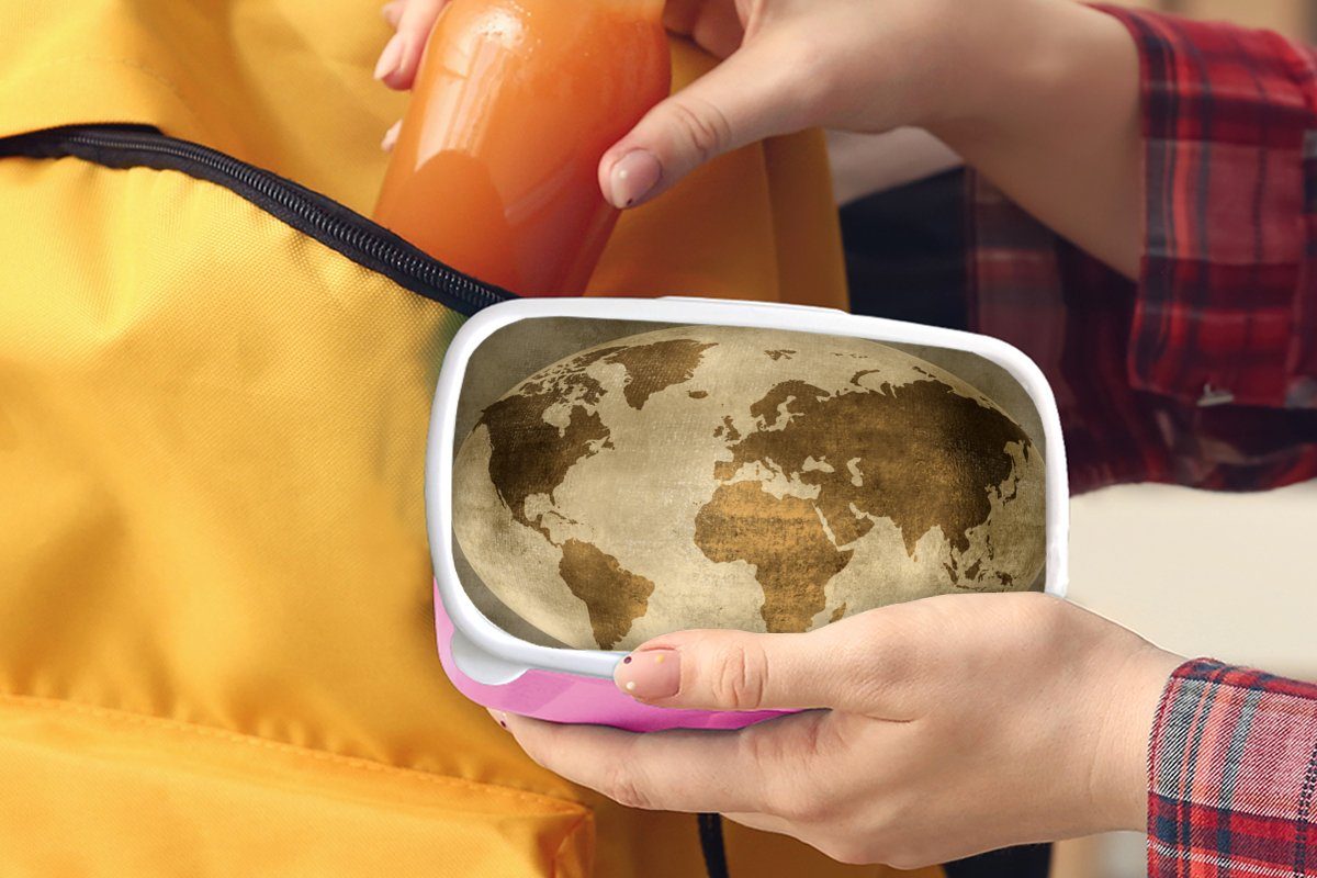 Kunststoff Mädchen, - Snackbox, Vintage, Kinder, für (2-tlg), Kunststoff, Erwachsene, MuchoWow Brotbox rosa Lunchbox - Brotdose Globus Weltkarte