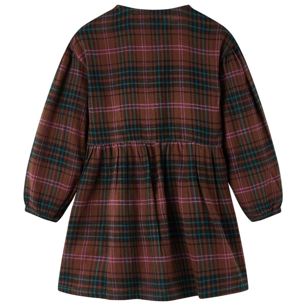 vidaXL A-Linien-Kleid Kinderkleid mit Langen 116 Ärmeln Karomuster Cognac