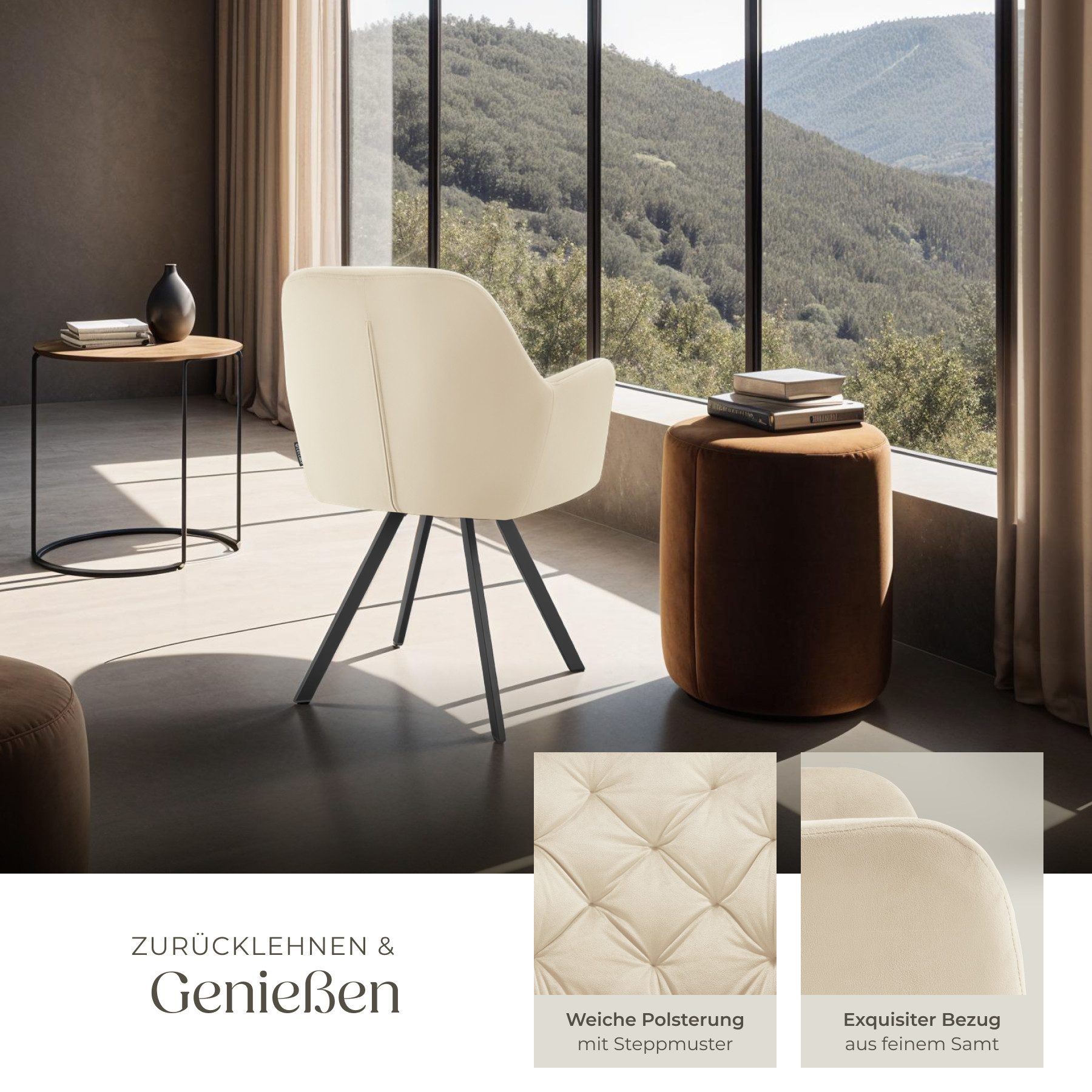 tectake Esszimmerstuhl Samt-Armlehnstuhl gepolstert, mit Steppmuster, 58 x 58 x 87 cm (Bürostuhl Lucia in creme, 2 St), 180° drehbar, Stahlbeine, bodenschonend, – Bild 4 von 5