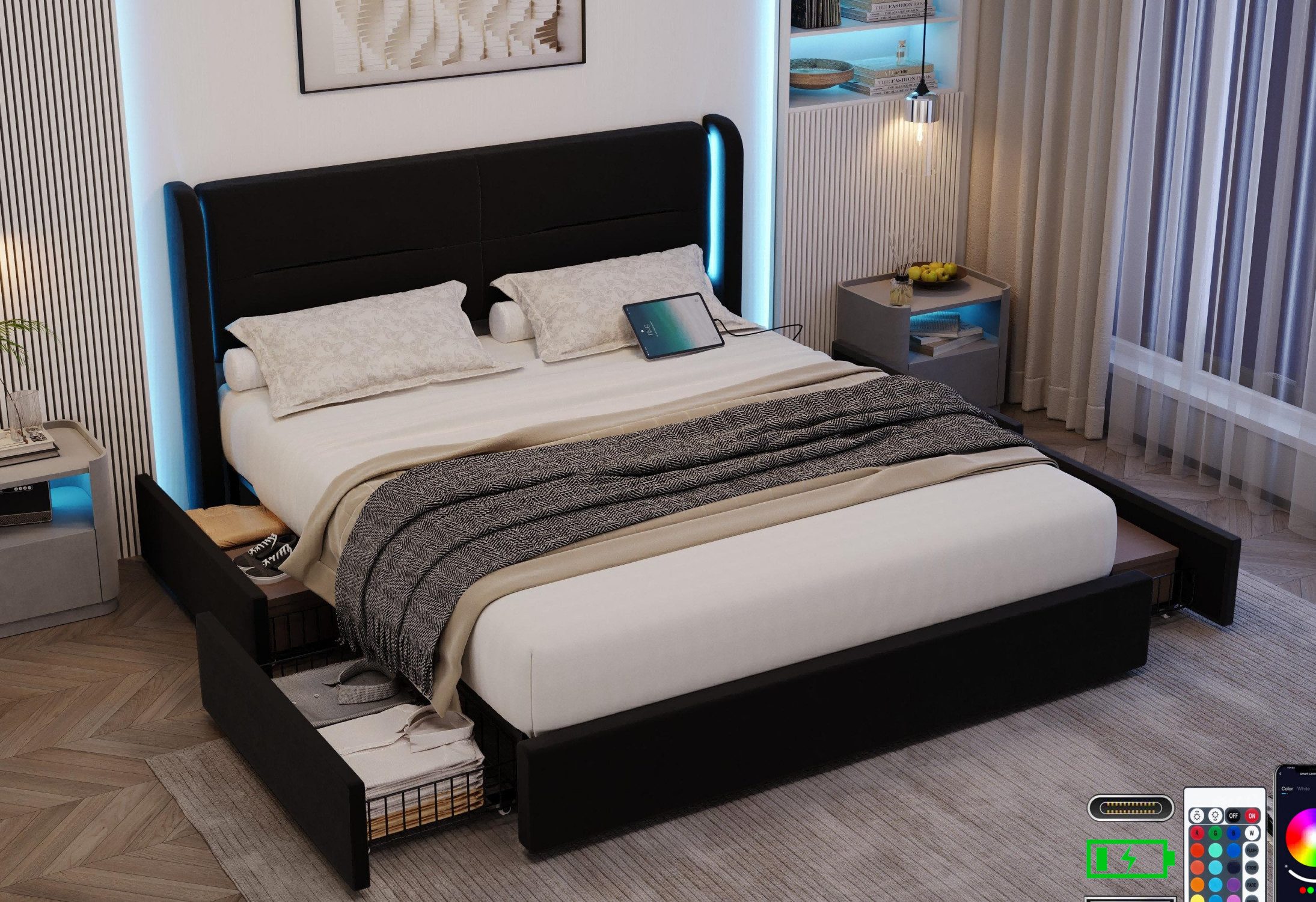 LVHOM Stauraumbett 140x200/160x200cm, LED-Samt-Bett mit 4 Schubladen, USB/T günstig online kaufen