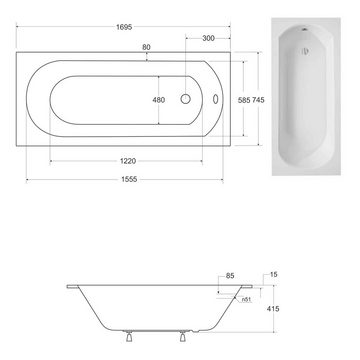 KOLMAN Badewanne Rechteck Intrica Slim 170x75, Wannenträger Styroporverkleidung, Ablauf VIEGA & Füße GRATIS