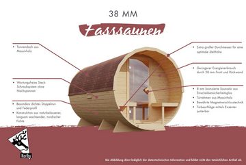 Karibu Fasssauna Fasssauna 38 mm Saunaofen eingebaute Steuerung 9 kW inkl.Dachschindeln, Komfortable Stehhöhe von 200 cm, Made in Germany