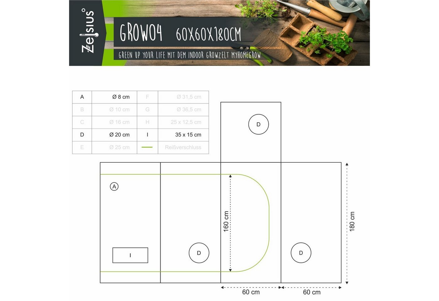 Thumbnail - Zelsius Gewächshaus Grow Tent 60 x 60 x 180 cm grau/schwarz Pflanzenzucht Indoor