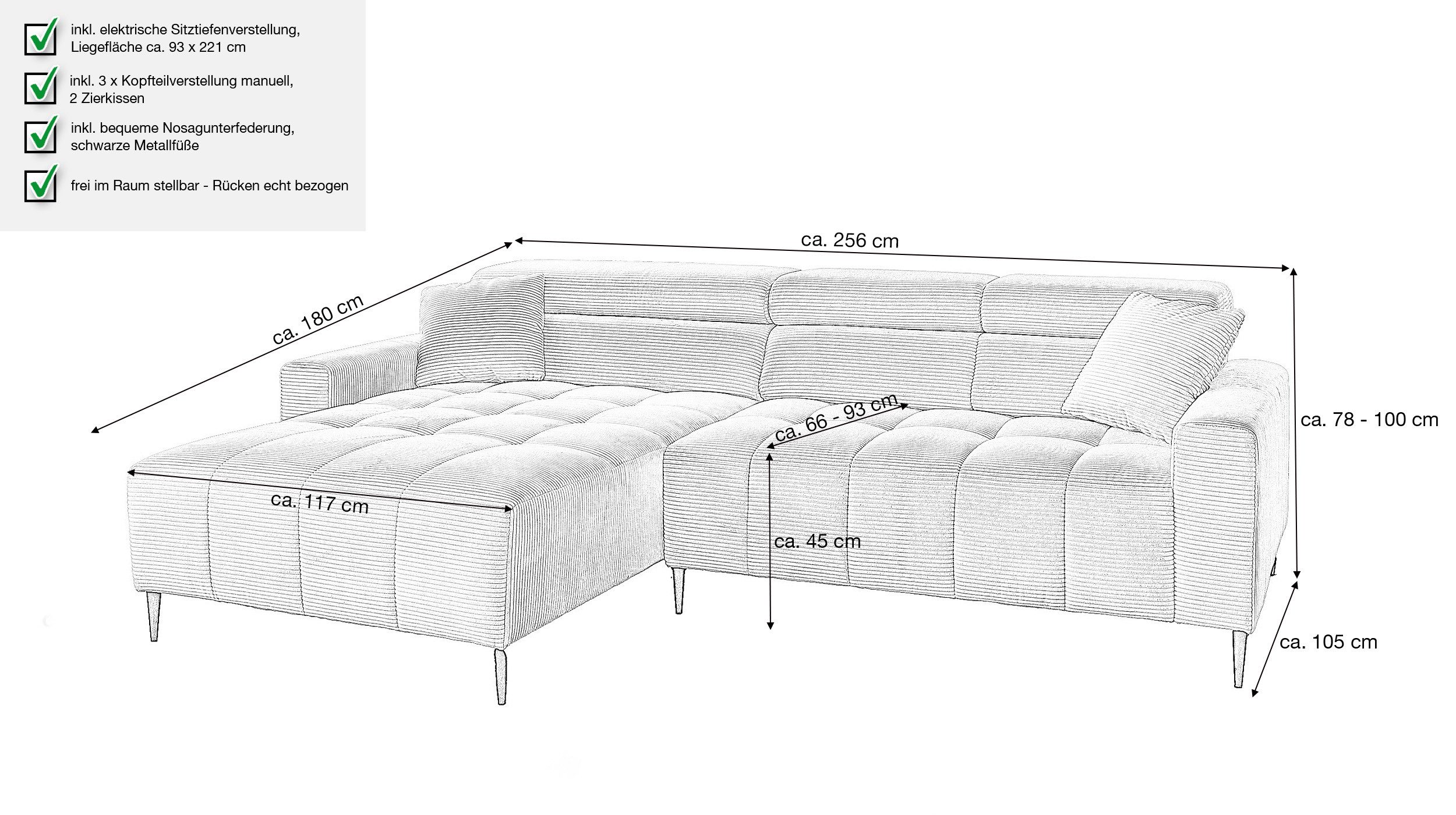 Massivart® Ecksofa Cord 256 cm / Cordsofa / Sitztiefen- & Kopfteilverstellung / SIMPLE, Nosagfederung · frei im Raum stellbar