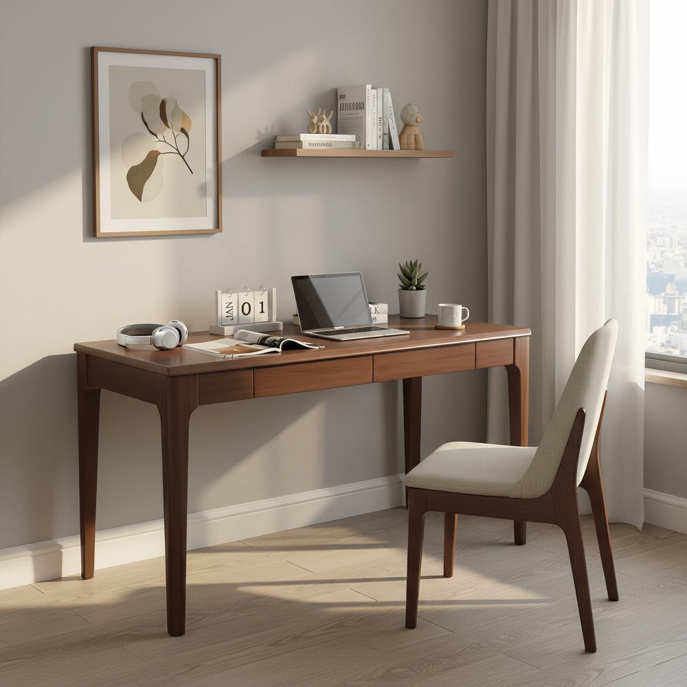 BBWL Schreibtisch mit Schubladen, Walnuss Stehschreibtisch mit abgerundeten Kanten, Massivholz Schreibtisch im Mid-Century Stil