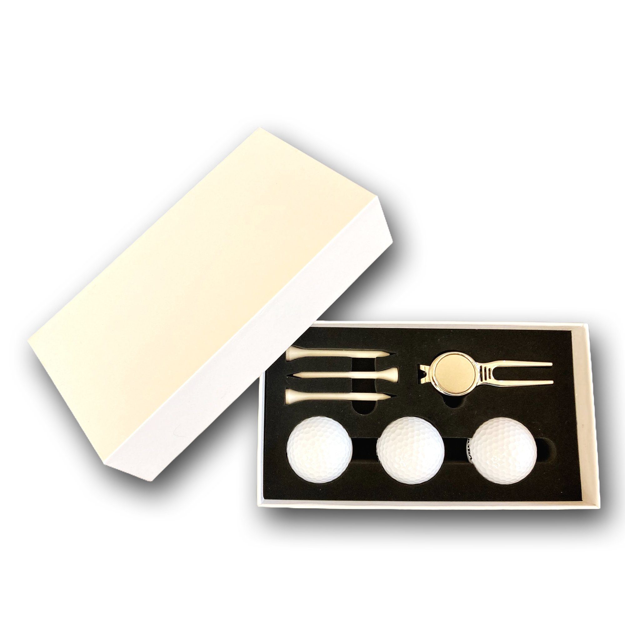 Lasernauten Golfball Golfball Set mit 3 Wilson Bällen, Pitchgabel und 3 Tees in Geschenkbox