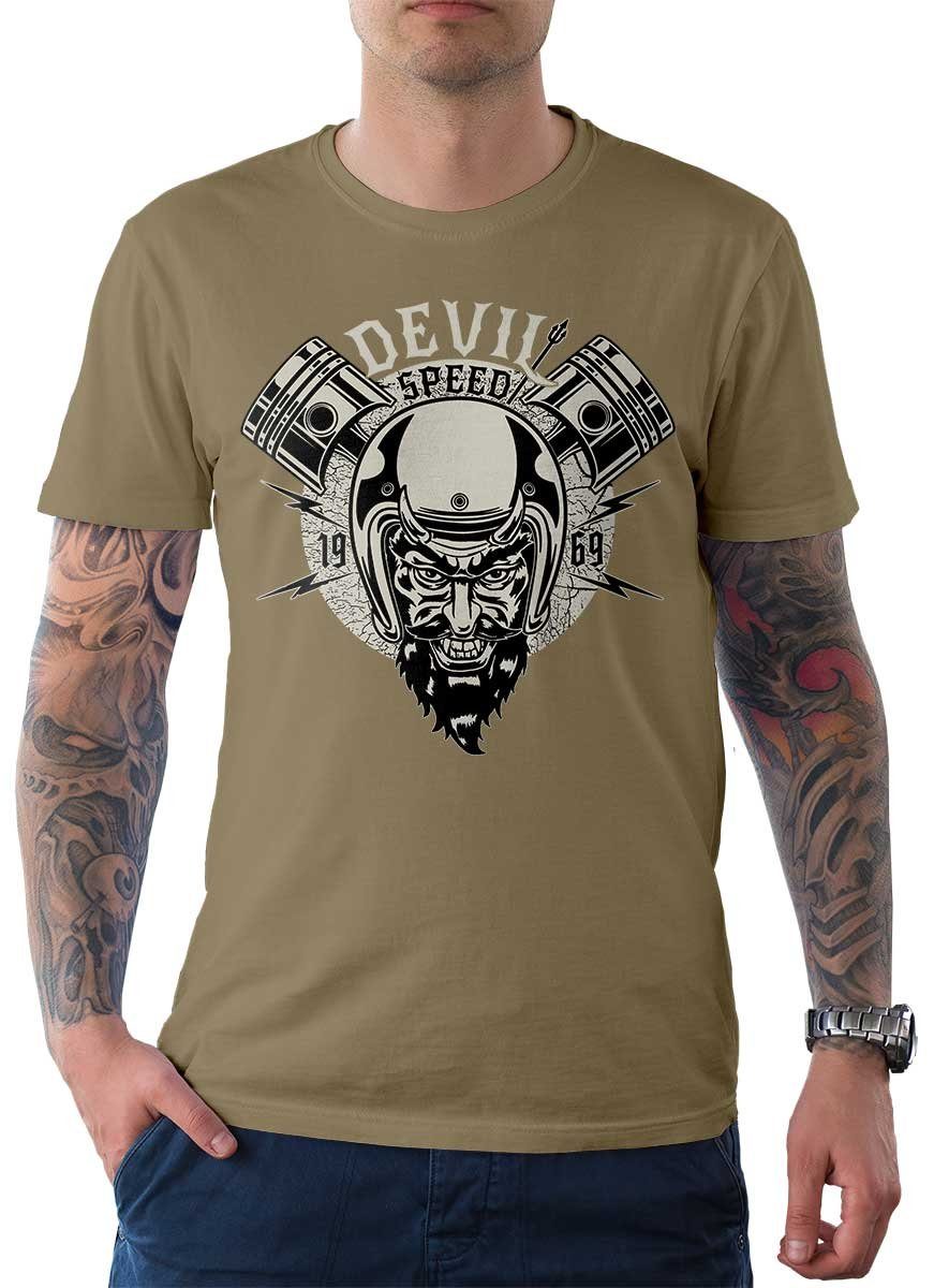 Herren V-Twin Motorrad Tee mit Devil Khaki / T-Shirt Wheels Motiv Rebel Biker On T-Shirt