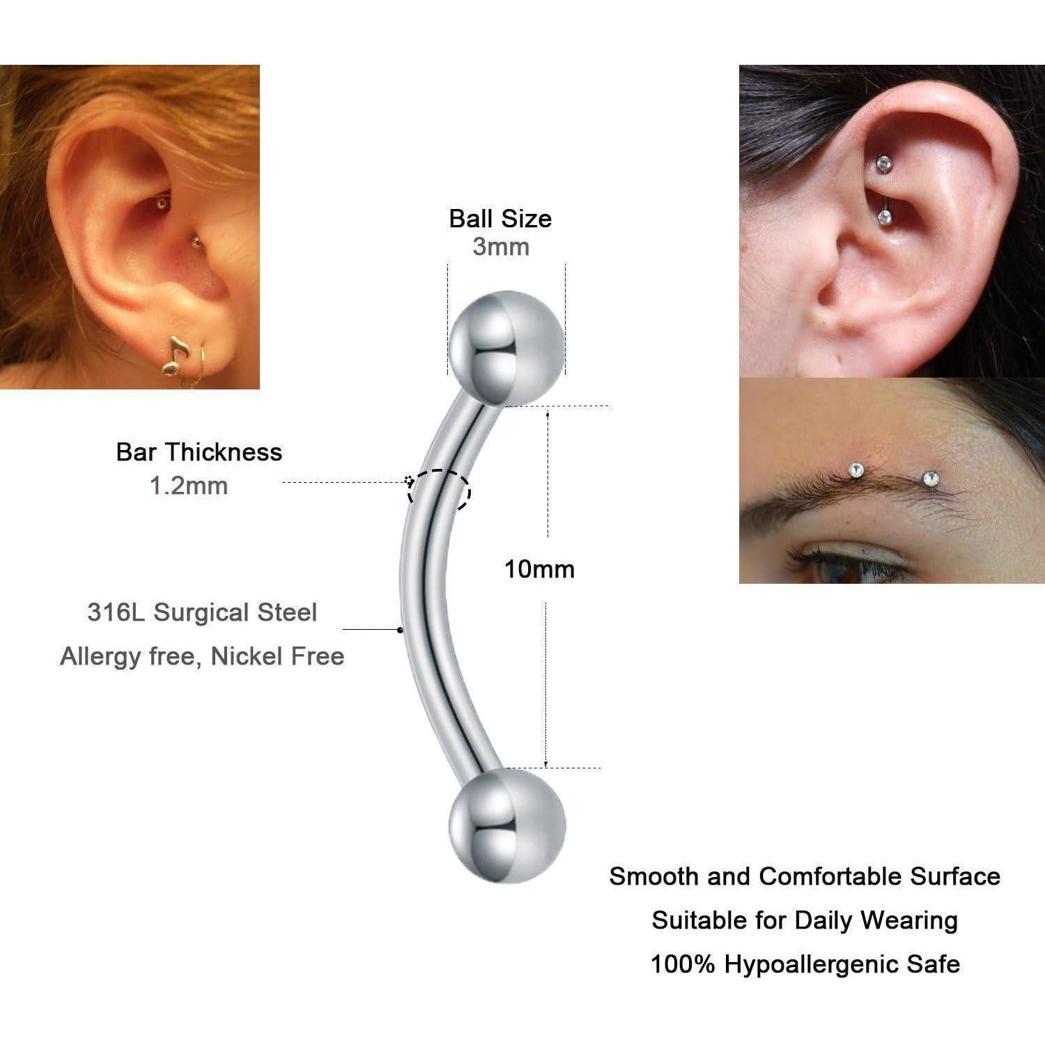 MODRSA Augenbrauenpiercing Chirurgenstahl Curved Barbell Piercing Set 6/8/10mm Kit
