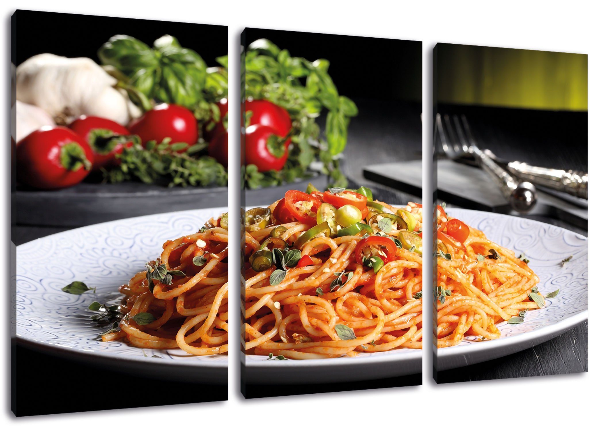 inkl. Spaghetti bespannt, Italia Leckere 3Teiler (1 Leinwandbild Leinwandbild Spaghetti Pixxprint St), Leckere Italia, (120x80cm) fertig Zackenaufhänger