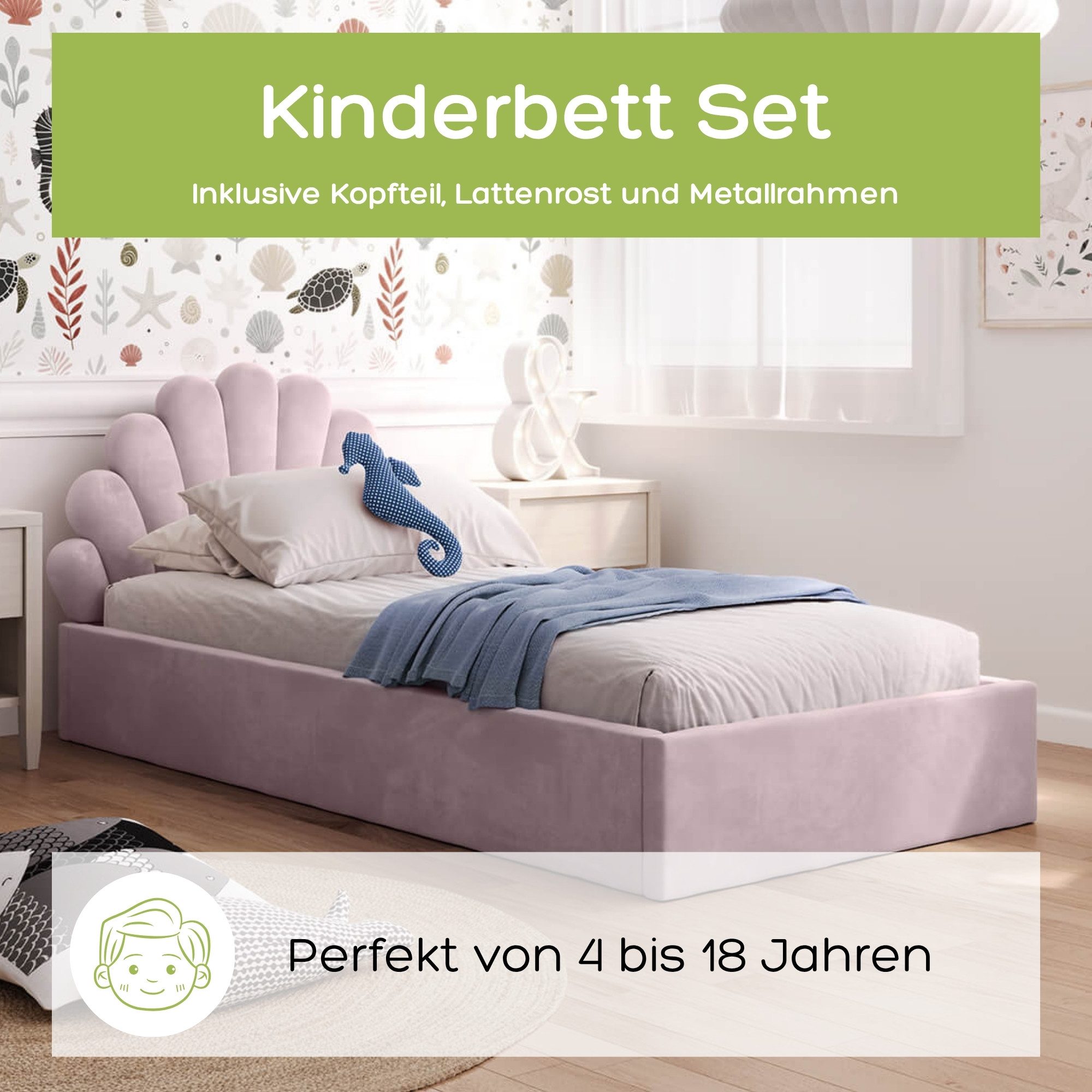 Kids Collective Kinderbett Polsterbett Stauraumbett 90x200 cm Kinder Bett Jugendbett, Mit Samtbezug Lattenrost & Metallrahmen, 90x200cm, Rosa