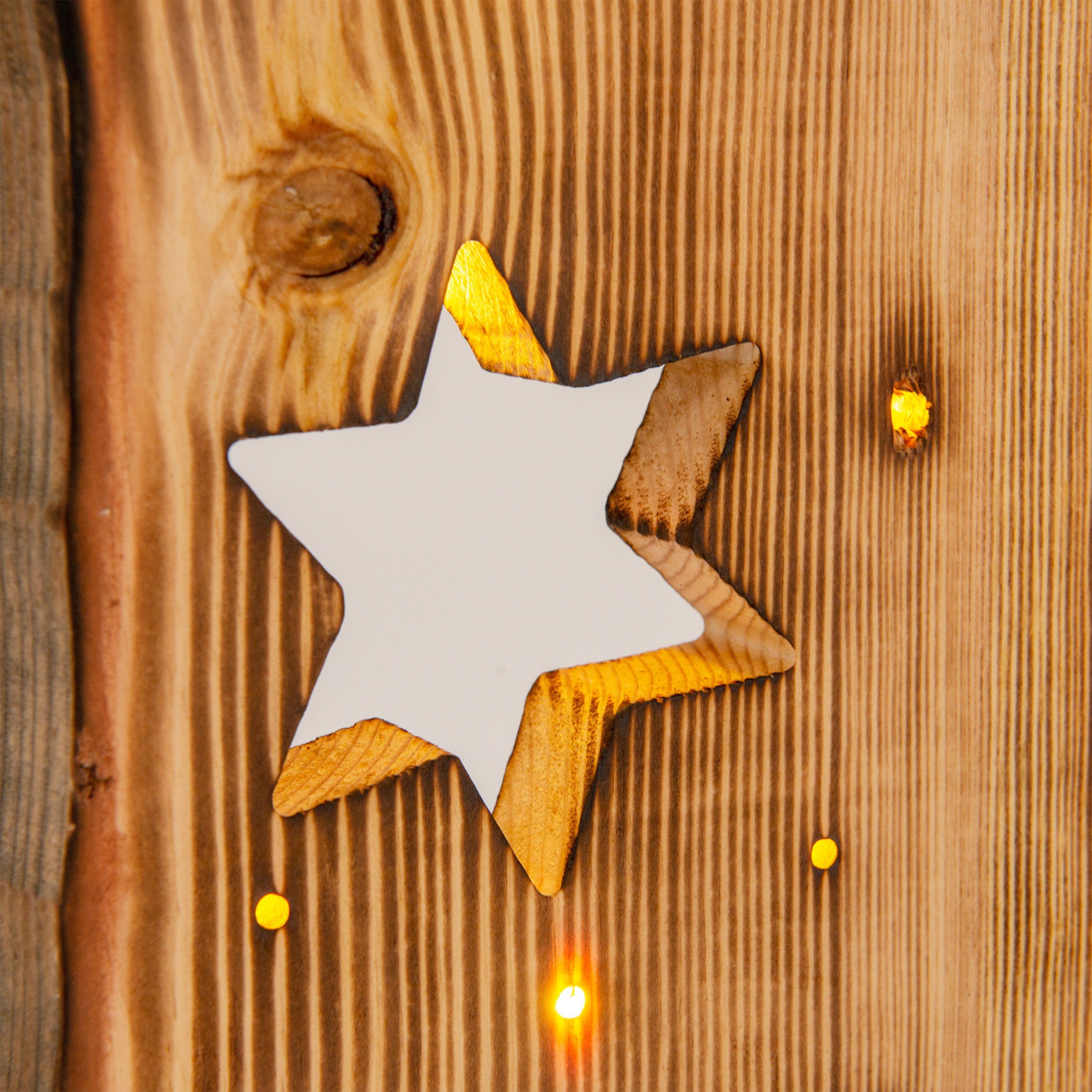 näve LED Gartenleuchte LED-Holz-Weihnachtsleuchte Sternemotiv, Weihnachtsdeko aussen, LED fest integriert, Warmweiß, incl. 23x LEDs 2800K,incl. Batteriefach mit Timerfunktion (6on/18off)