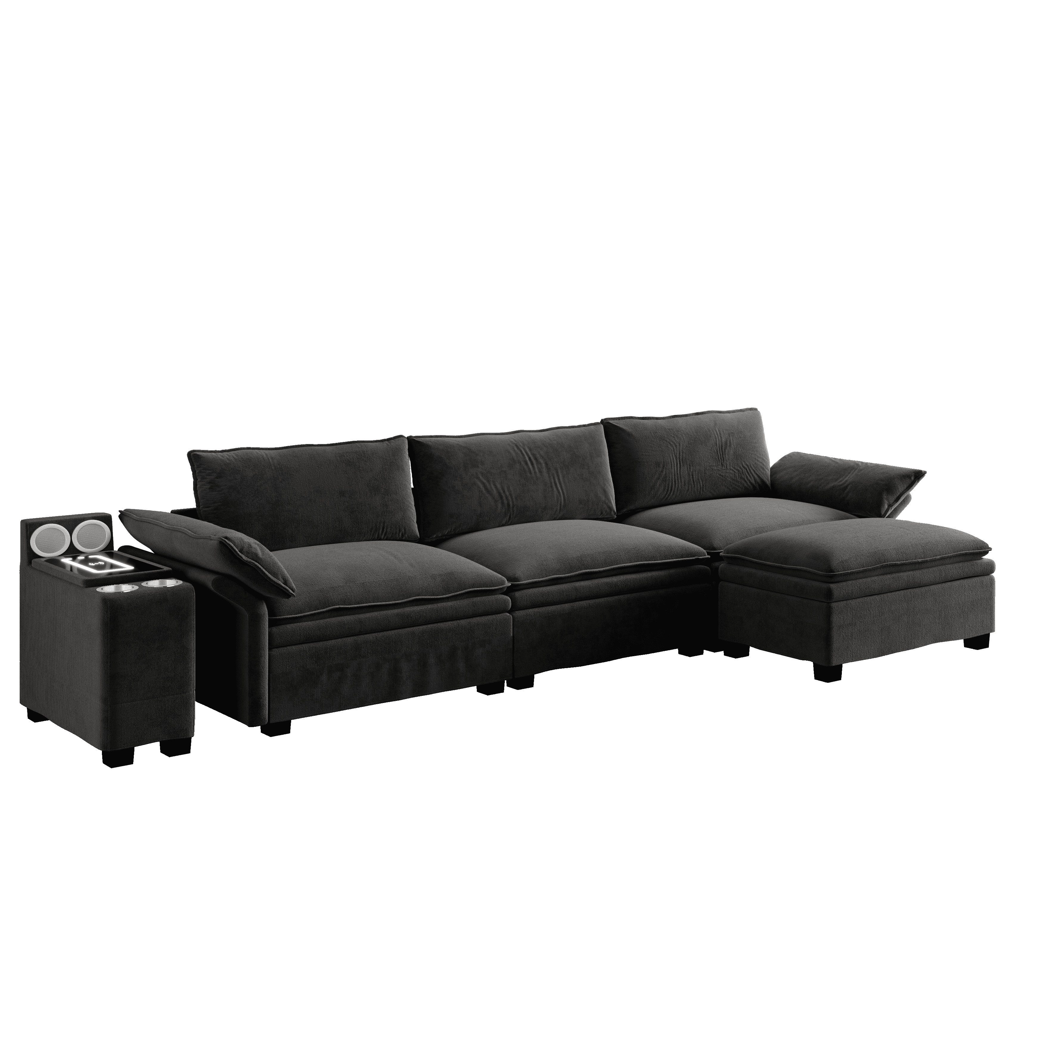 BlingBin Ecksofa Modulares Ecksofa 315 cm L-Form Chenille, Modulsofa 4-Sitzer mit Ottoman, Entertainment-Konsole, mit Stauraum & Becherhaltern, inkl. Wireless Charging & Lautsprecher