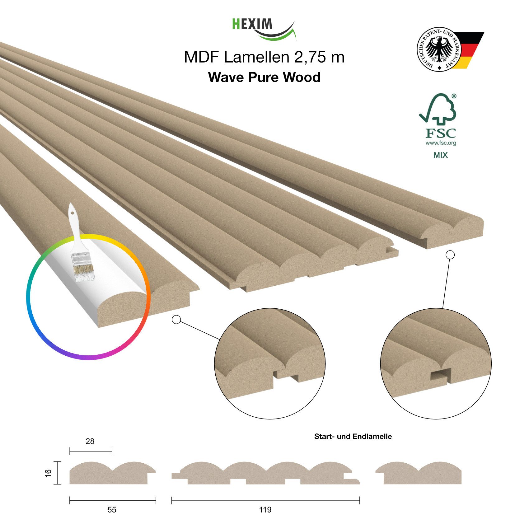 Hexim Wanddekoobjekt Wave Standard Pure Wood (Wave Lamellen 2,75m MDF Lamel günstig online kaufen