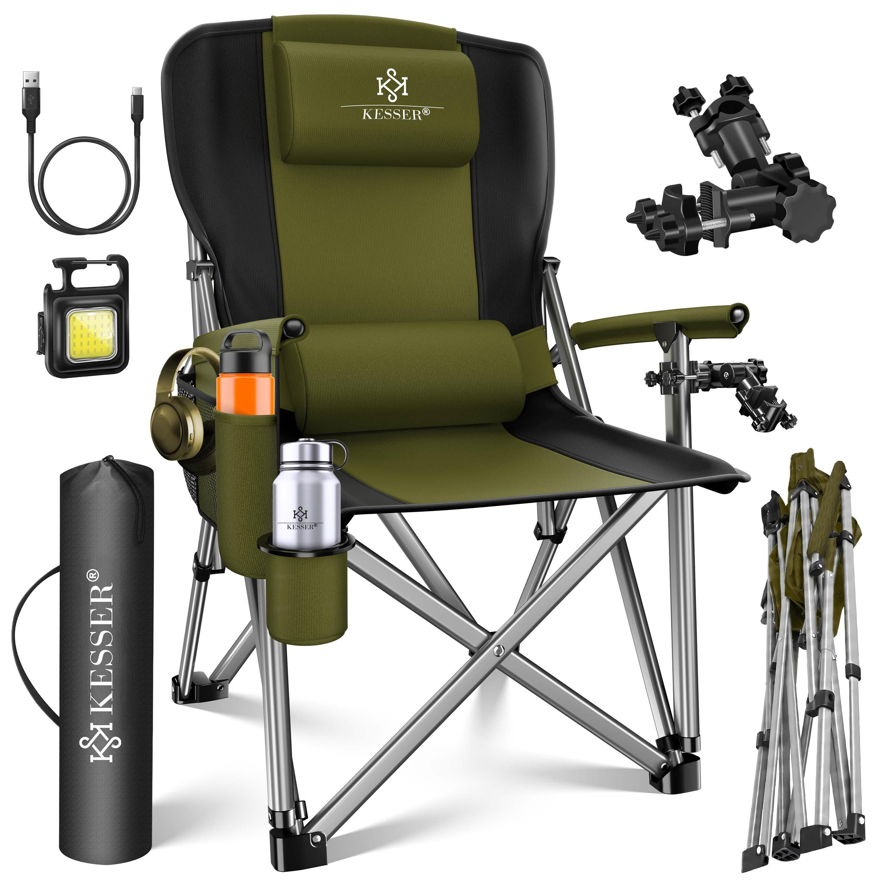 KESSER Campingstuhl (Strandstuhl mit hoher Rückenlehne + Tasche), Campingstuhl Inkl. Campinglicht, Angelhalterung und Getränkehalter
