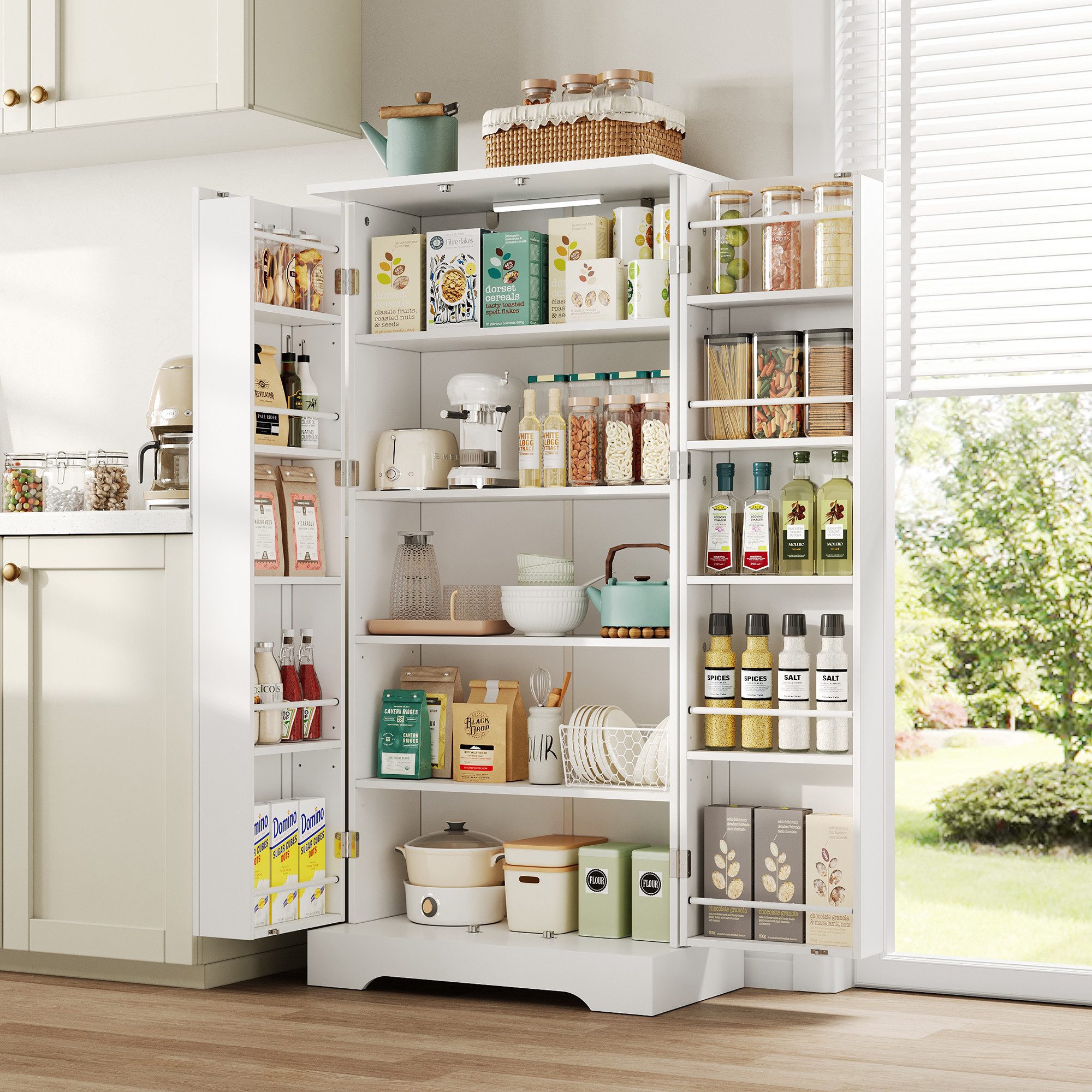 Yorbay Mehrzweckschrank Küchenschrank mit LED-Sensorlicht & höhenverstellbaren Regalen (60x35x128 cm) Freistehender Vorratsschrank mit Doppeltüren für Küche & Wohnzimmer