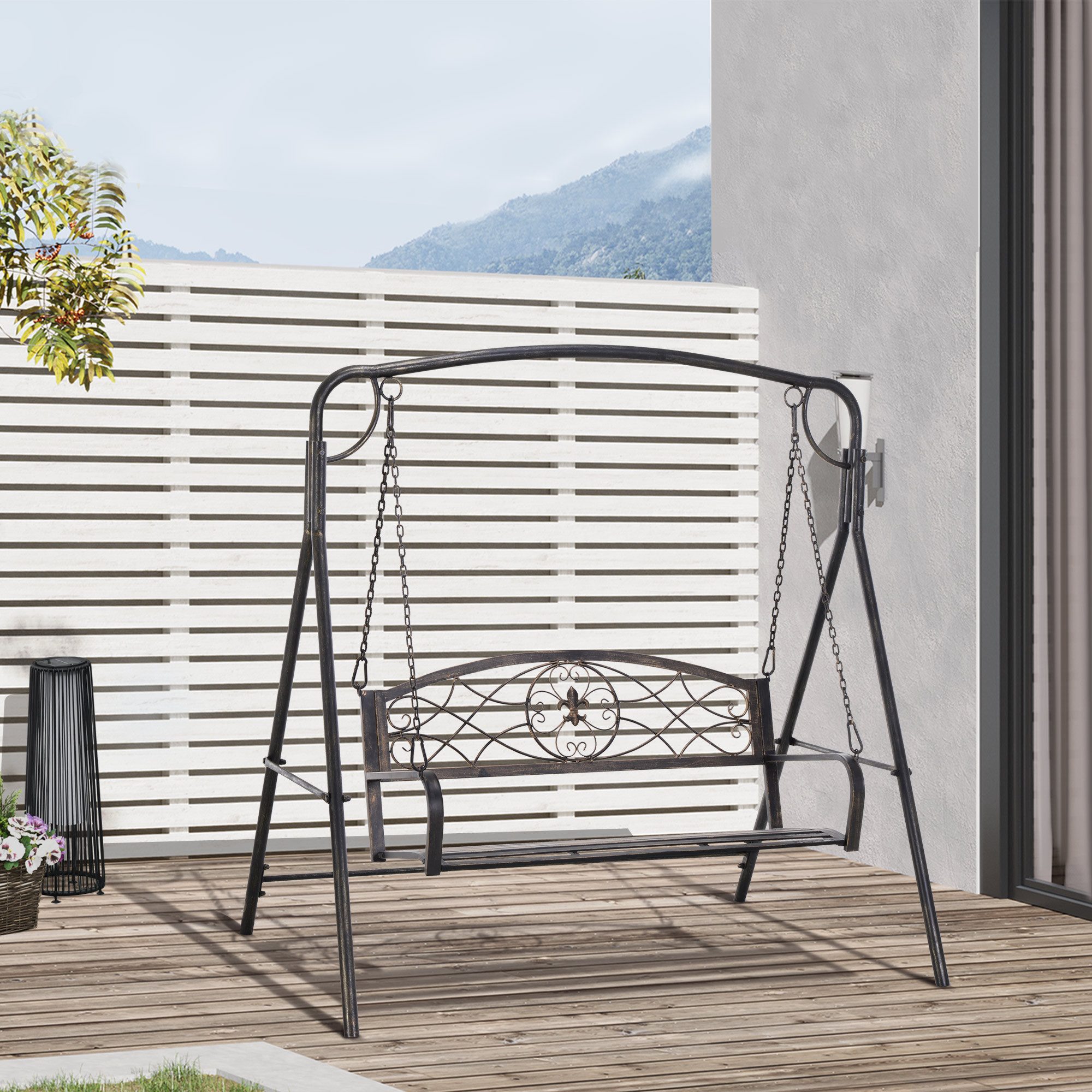 CHICFURN Hollywoodschaukel Gartenschaukel für 2 Personen aus Metall, 2-Sitzer, Packung, 1 tlg., Garten & Terrasse, Bronze, 167 x 123 x 175 cm