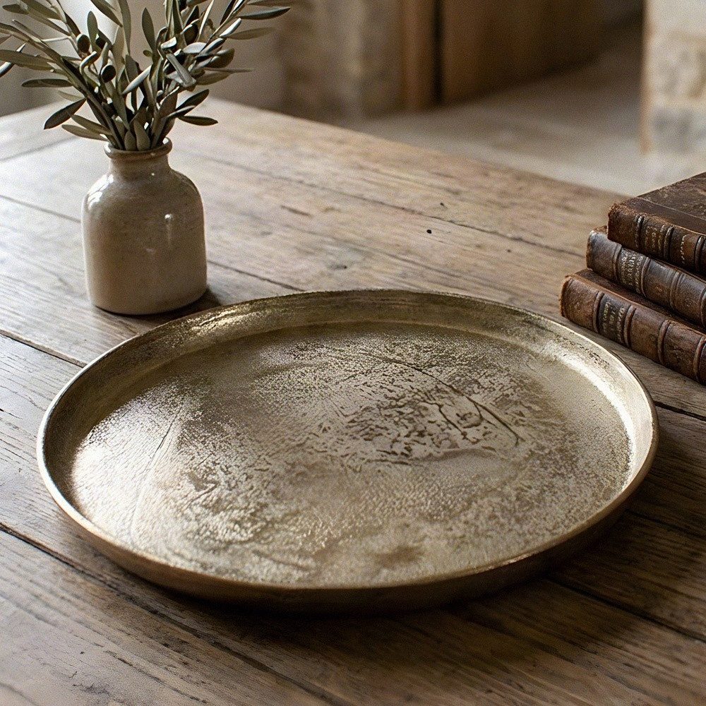 Antikas Wanddekoobjekt Dekotablett gold rund Metall strukturiert, ⌀35 cm