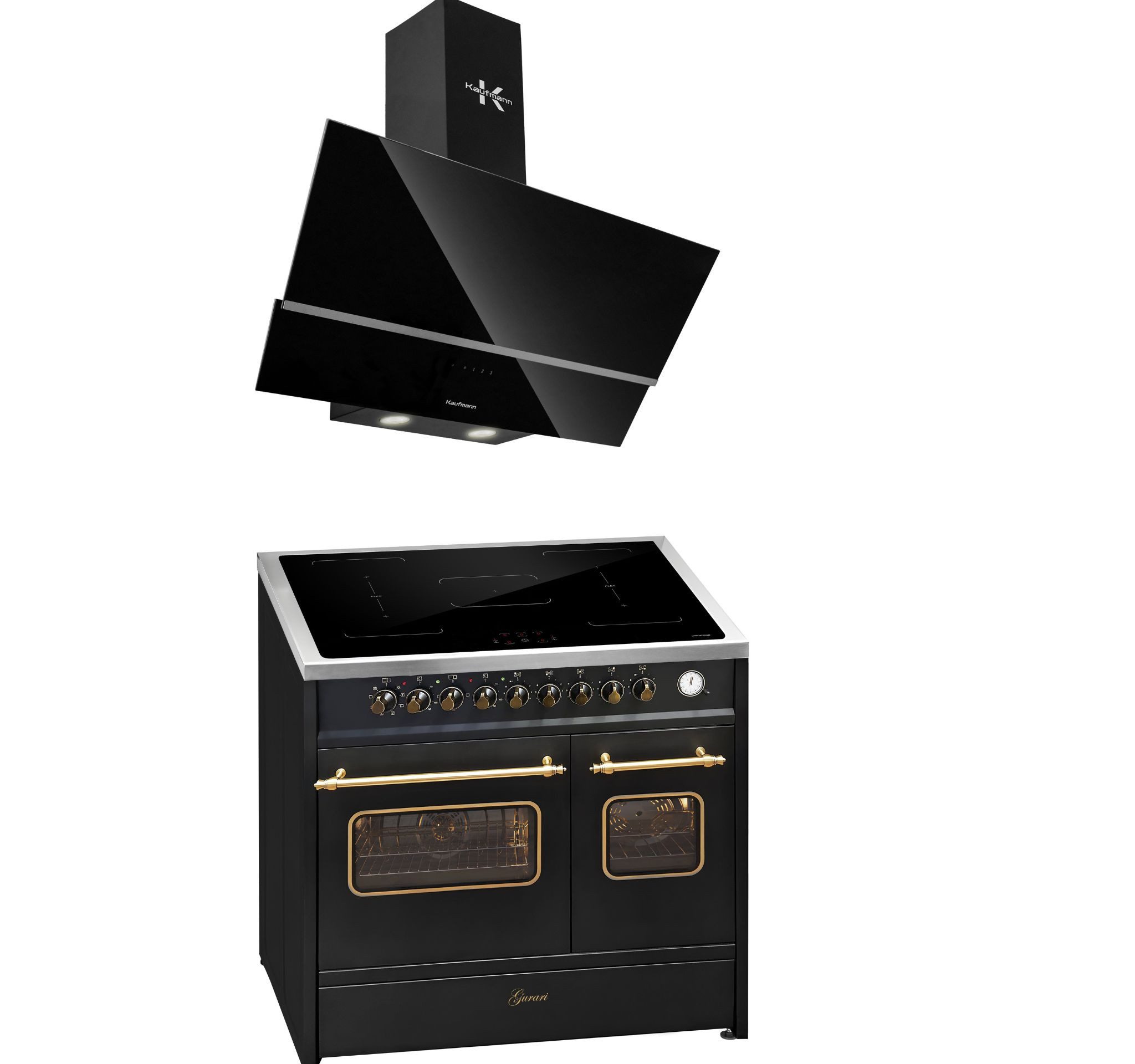 GURARI Induktions-Standherd Retro Elektro Standherd 90 cm, Range Coocker mit FLEX Induktion+Dunstabzugshaube 90 cm 1000 m³/h E 913 DF RU BL+LUNA 90 BL, mit 1-fach-Teleskopauszug