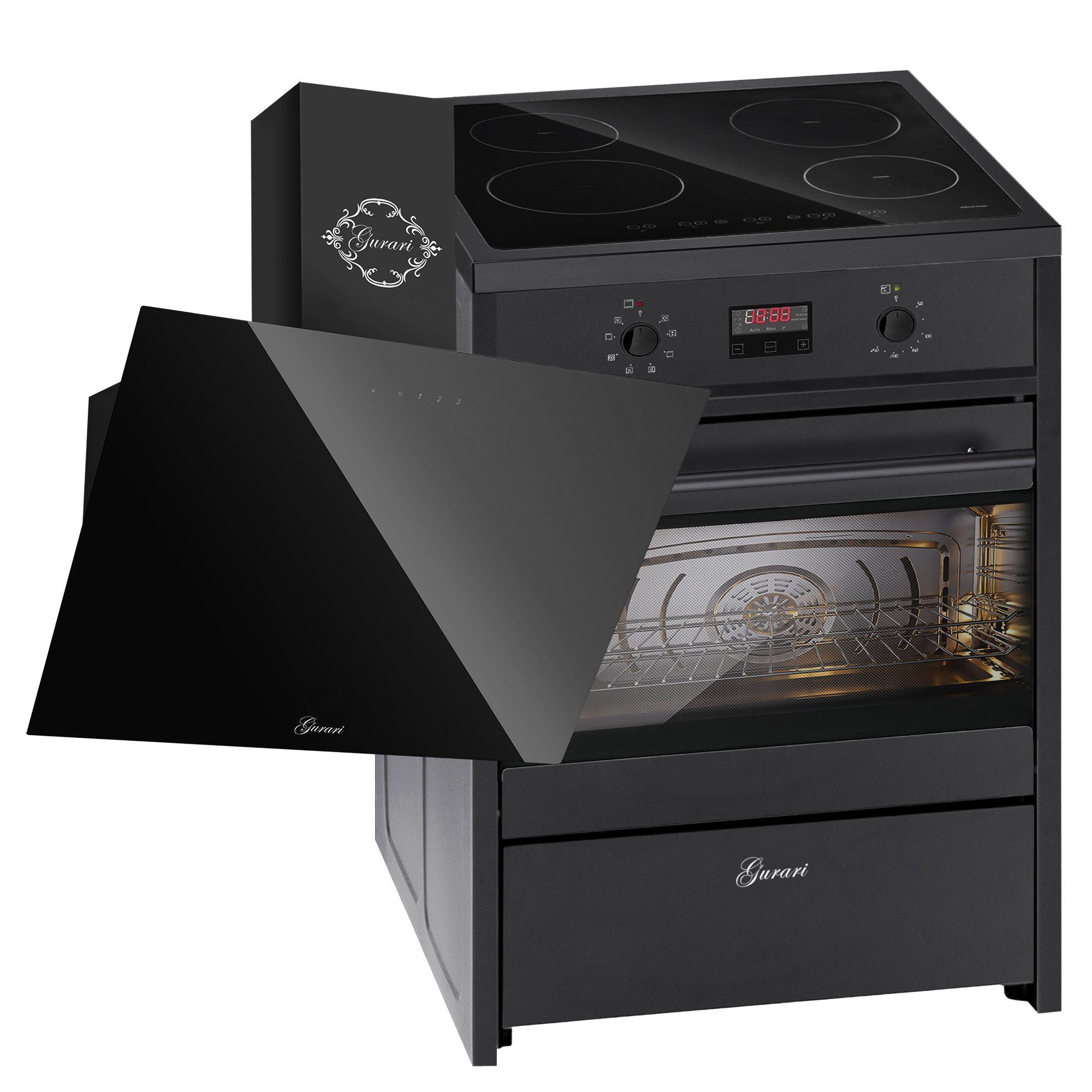 GURARI Induktions Herd-Set Induktions Standherd 60 cm, 60 L, Schwarz mit Dunstabzugshaube 60 cm, Schwarz Glas 1000m³/h GCH E 612 BL+GCH 286 Bl 6., mit 1-fach-Teleskopauszug