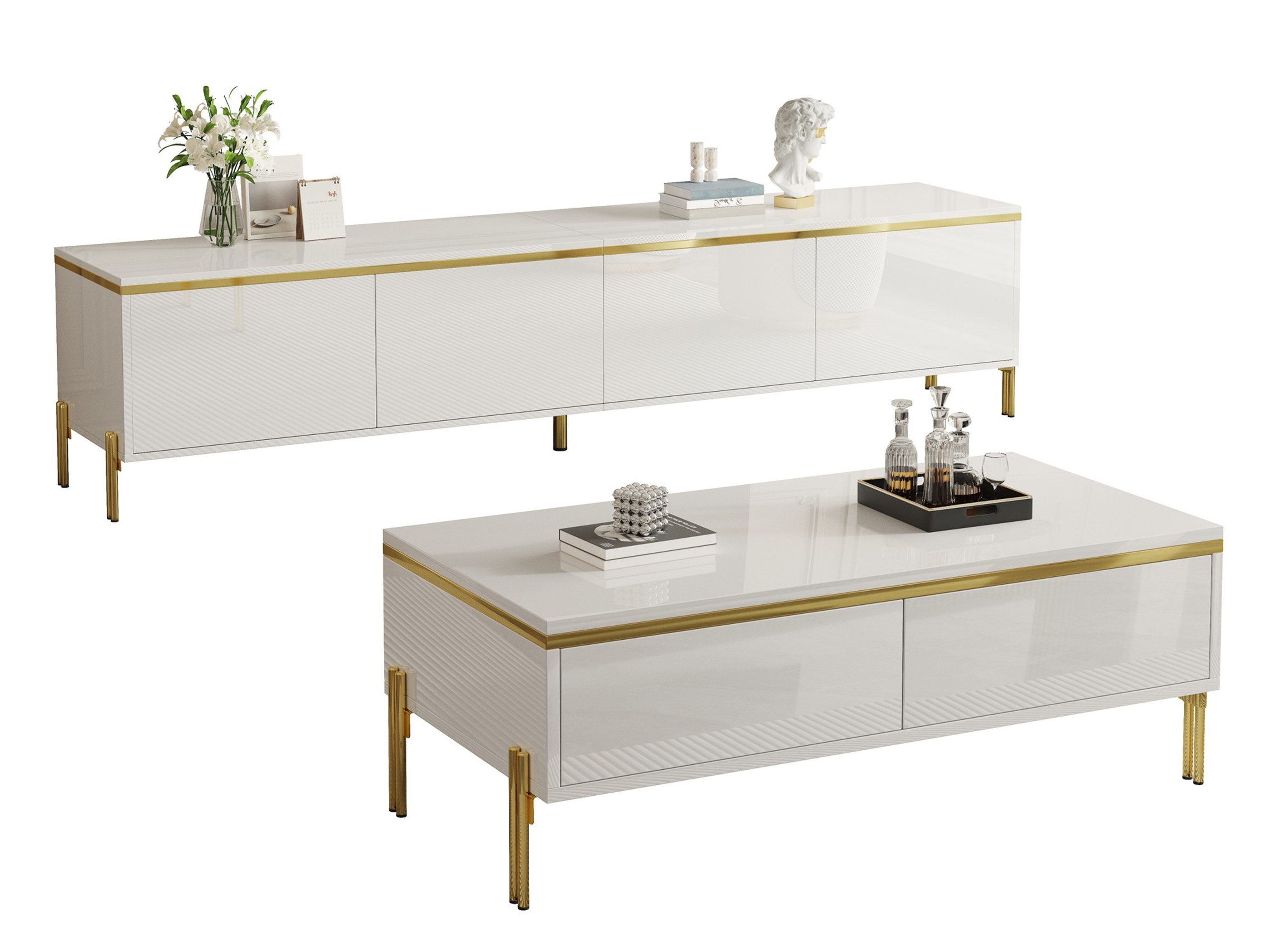 SeedWave Lowboard Wohnzimmerset mit Hochglanzfronten, 170cm TV-Schrank, 100cm Couchtisch, Wohnzimmerset, 14,5cm Bodenfreiheit, Metallfüße