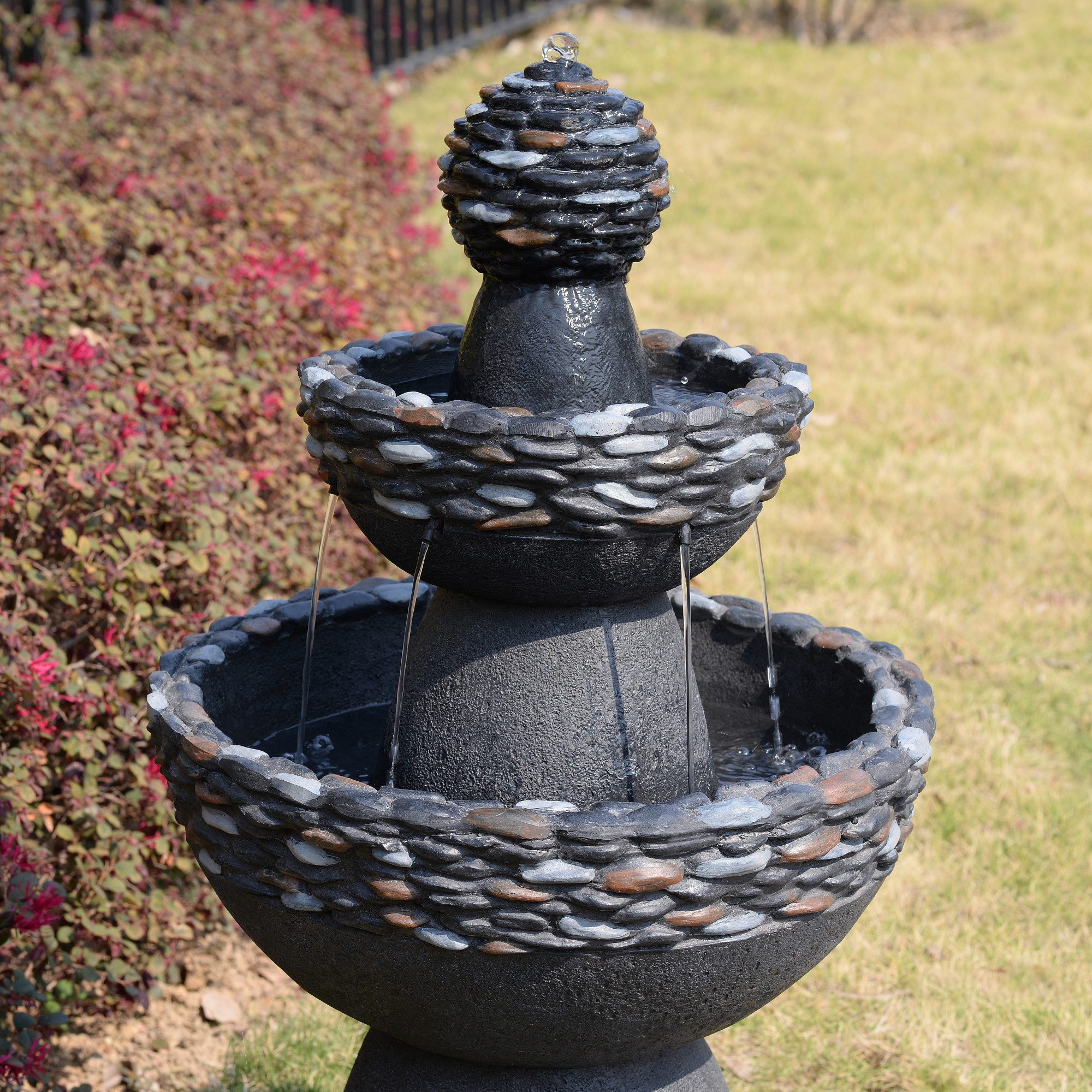 Teamson Home Gartenbrunnen 3-stufiger Sockel-Gartenbrunnen in Steinoptik mit LED, Grau