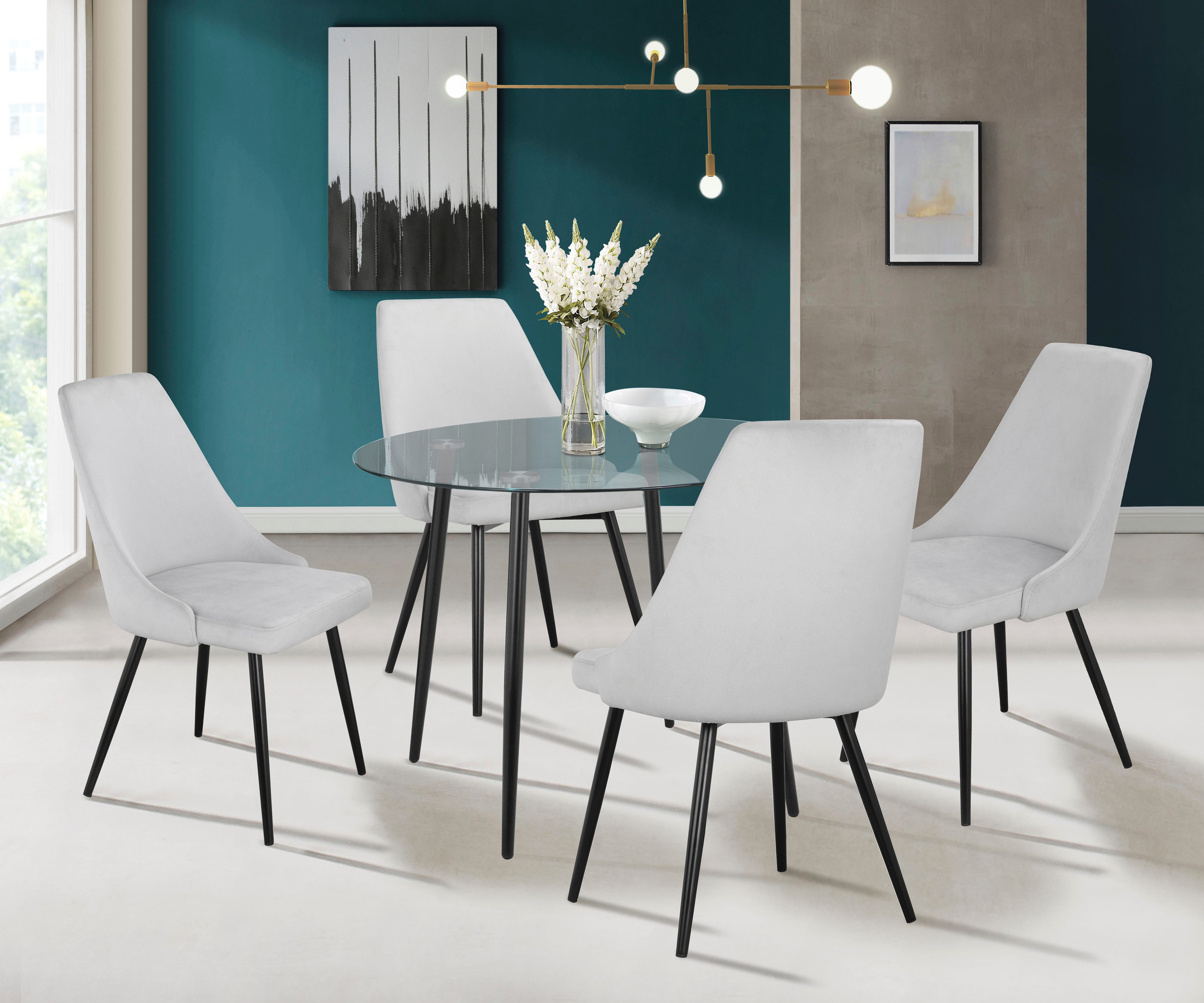 INOSIGN Essgruppe Danny-Malio, (Set, 5-tlg., Set 100 cm), Glastisch 100x100 cm mit 4 Stühlen (Veloursstoff), Gestell aus Metall