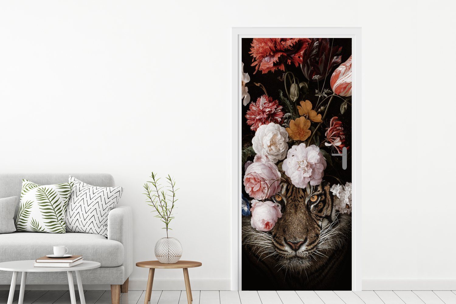 (1 Tür, 75x205 Türtapete bedruckt, für cm Fototapete - - Kunst, St), MuchoWow Türaufkleber, Tiger Matt, Blumen