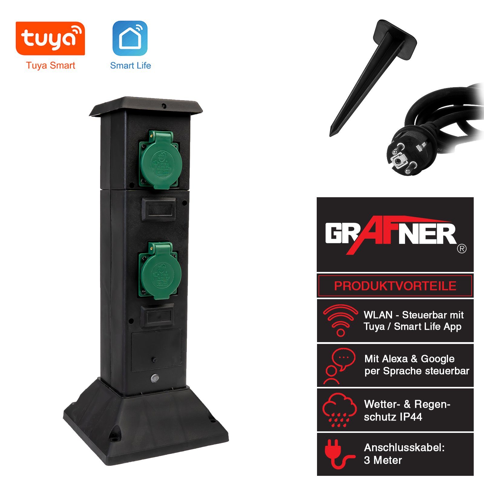 Grafner Gartensteckdose Wifi Gartensteckdose Außensteckdose Schwarz Tuya Smart Life, Stck, 1-St., 1, Smart, Wlan, Tuya, Smartlife