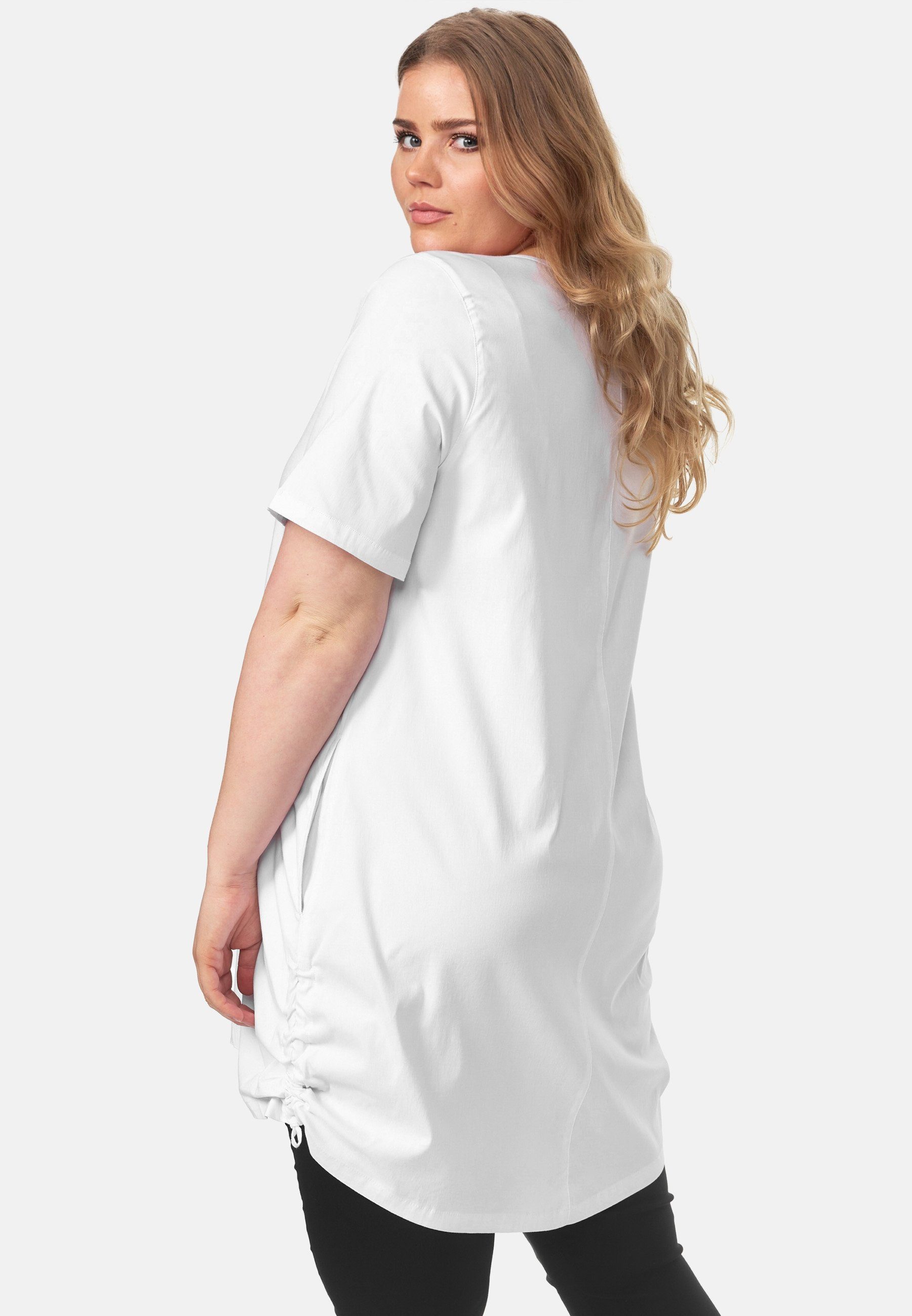 Kekoo Tunikashirt Tunika Raffung A-Linie mit 'Flora' Weiß seitlicher Shirt