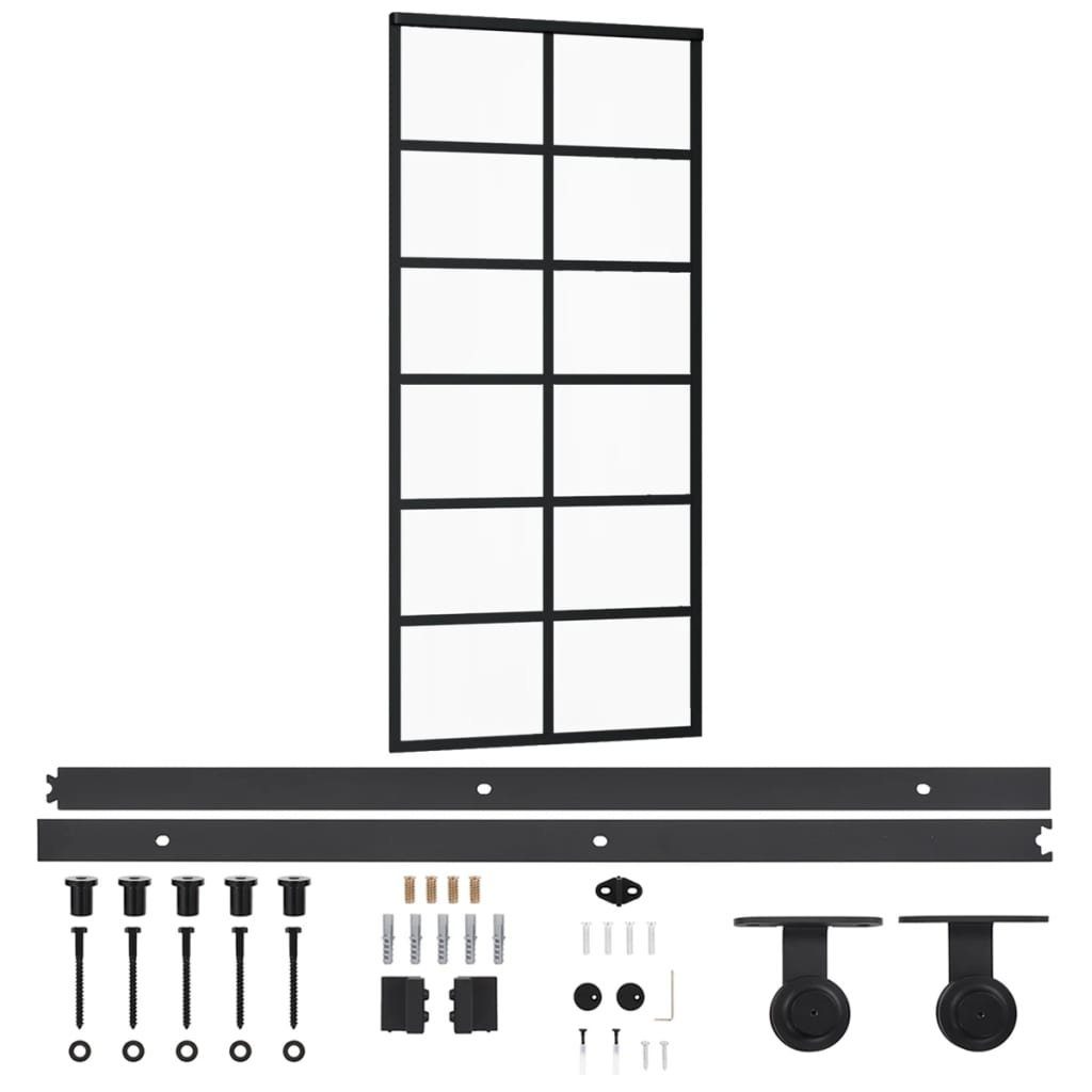 vidaXL Zimmertür Schiebetür mit Beschlag schwarz ESG-Glas Aluminium 90x205 cm