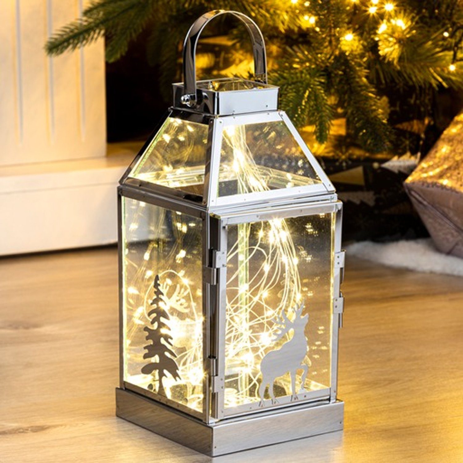 Mojawo Lichtervorhang »LED Edelstahl Glas Laterne Windlicht Weihnachten  Batterie warmweiß B14xH26cm«