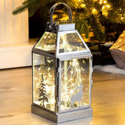 Mojawo Lichtervorhang LED Edelstahl Glas Laterne Windlicht Weihnachten Batterie warmweiß