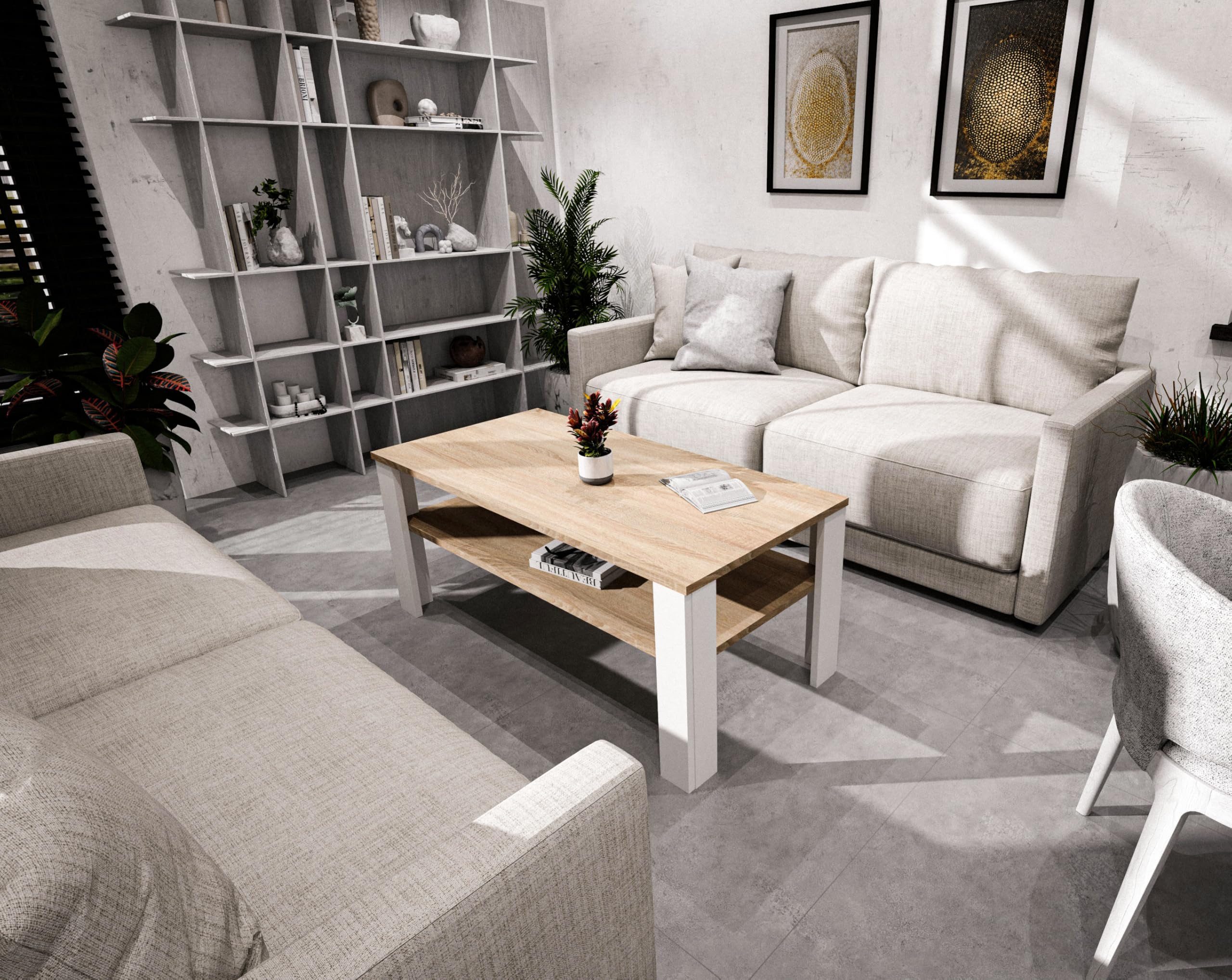 TREND WERK Couchtisch mit zusätzlicher Ablagefläche in 53×53×47 cm und 92×50×45 cm (Moderner Wohnzimmertisch im Retro Loft Design), Stabiler Beistelltisch für W – Bild 5 von 5