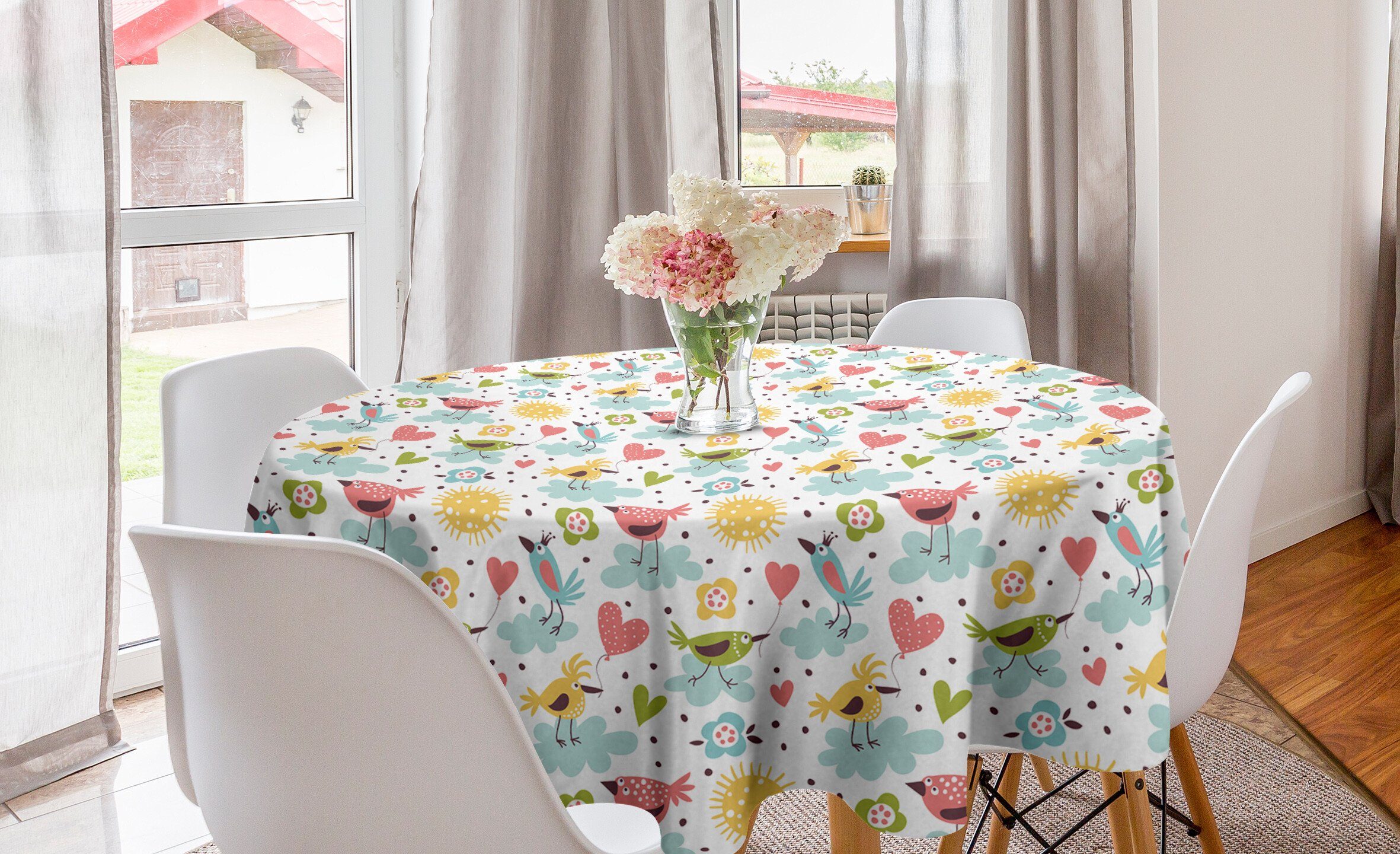 Abakuhaus Tischdecke Kreis Tischdecke Abdeckung für Esszimmer Küche Dekoration, Kindergarten Vögel Herzen und Blumen