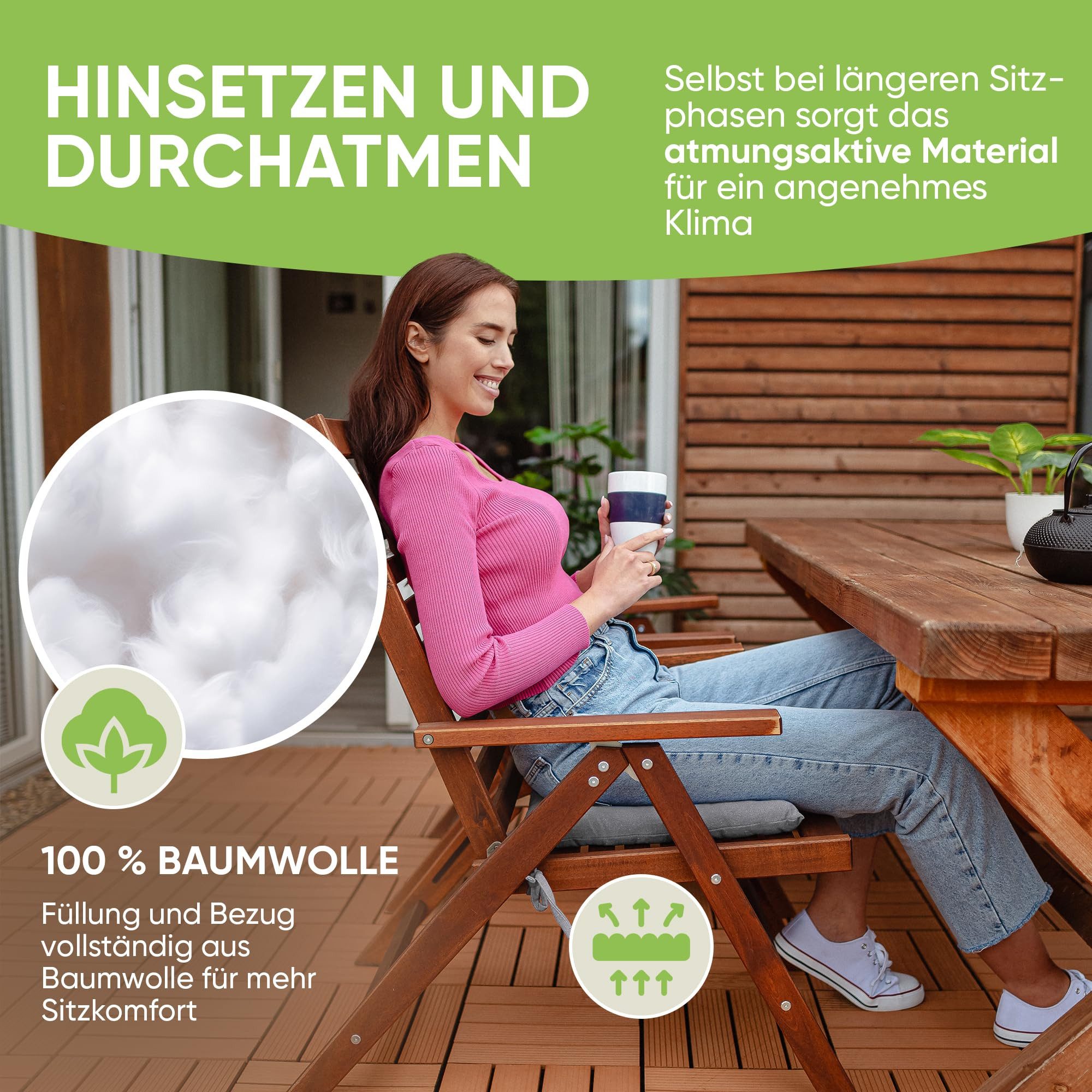 Gräfenstayn Stuhlkissen 4er-Set in 40x40cm und 5cm dicker Polsterung aus 100% Baumwolle, robustes Sitzkissen für Indoor & Outdoor, mit Haltebändern