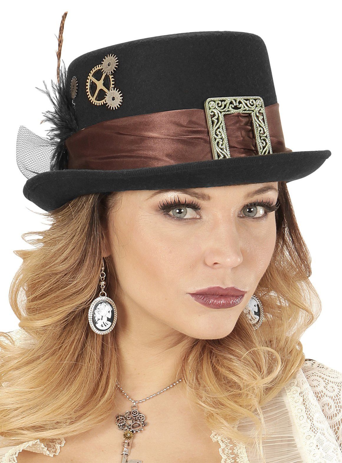 Widdmann Kostüm Niedriger Steampunk Zylinder - Fasching Halloween, Steampunk-Filzzylinder mit Messing-Applikationen