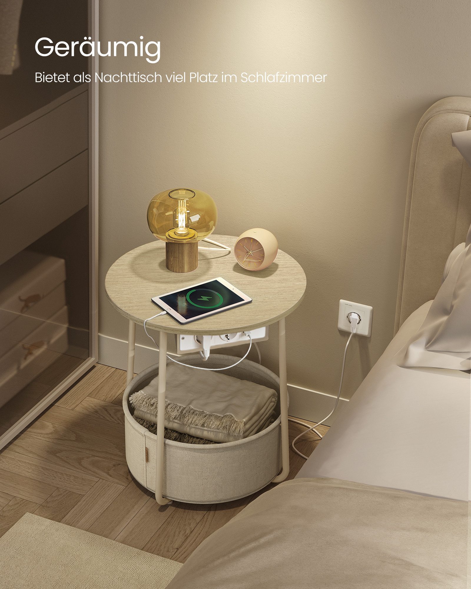 VASAGLE Beistelltisch, rund, mit Steckdose, USB-Anschlüsse, mit Korb aus Stoff, Ø45 cm