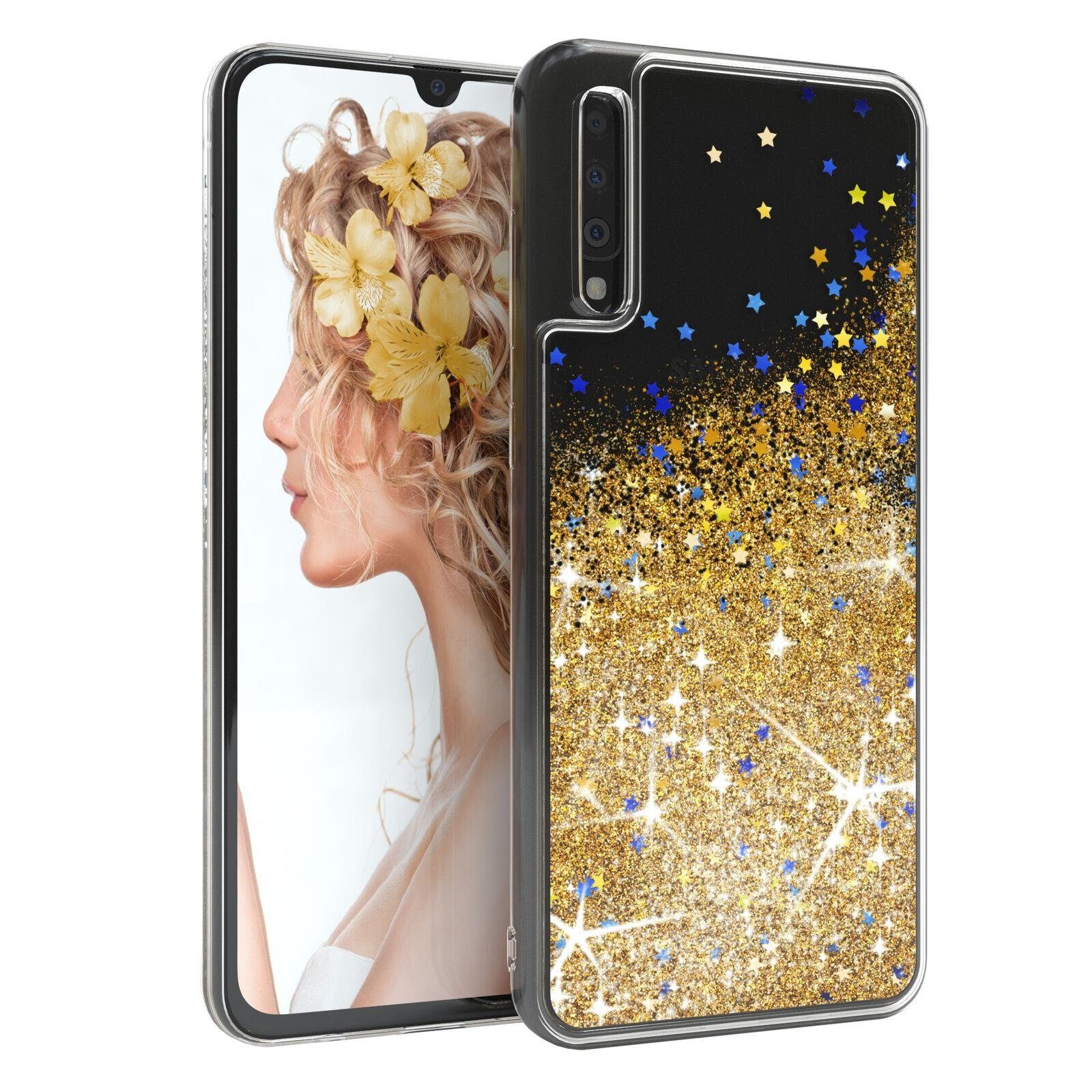EAZY CASE Handyhülle Liquid Glittery Case für Samsung Galaxy A70 6,7 Zoll, Durchsichtig Back Case Handy Softcase Silikonhülle Glitzer Cover Gold