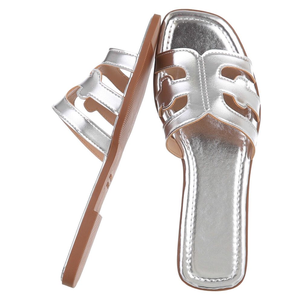 Ital-Design Damen Pantoletten mit Cut-out-Design, flach Pantolette (91970916) Blockabsatz Pantoletten in Silber