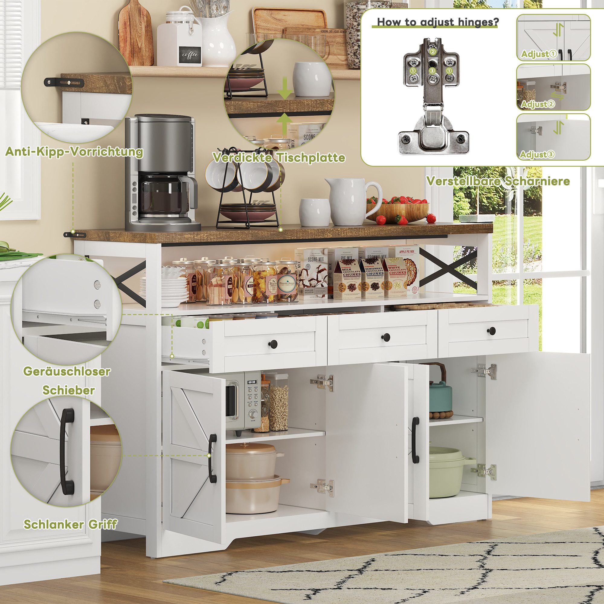 Flieks Kommode mit 3 Schubladen und 4 Türen (1 St., B140/T35/H95 cm), Sideboard mit verstellbare Einlegeböden Wohnzimmerschrank Küchenbuffet – Bild 5 von 5