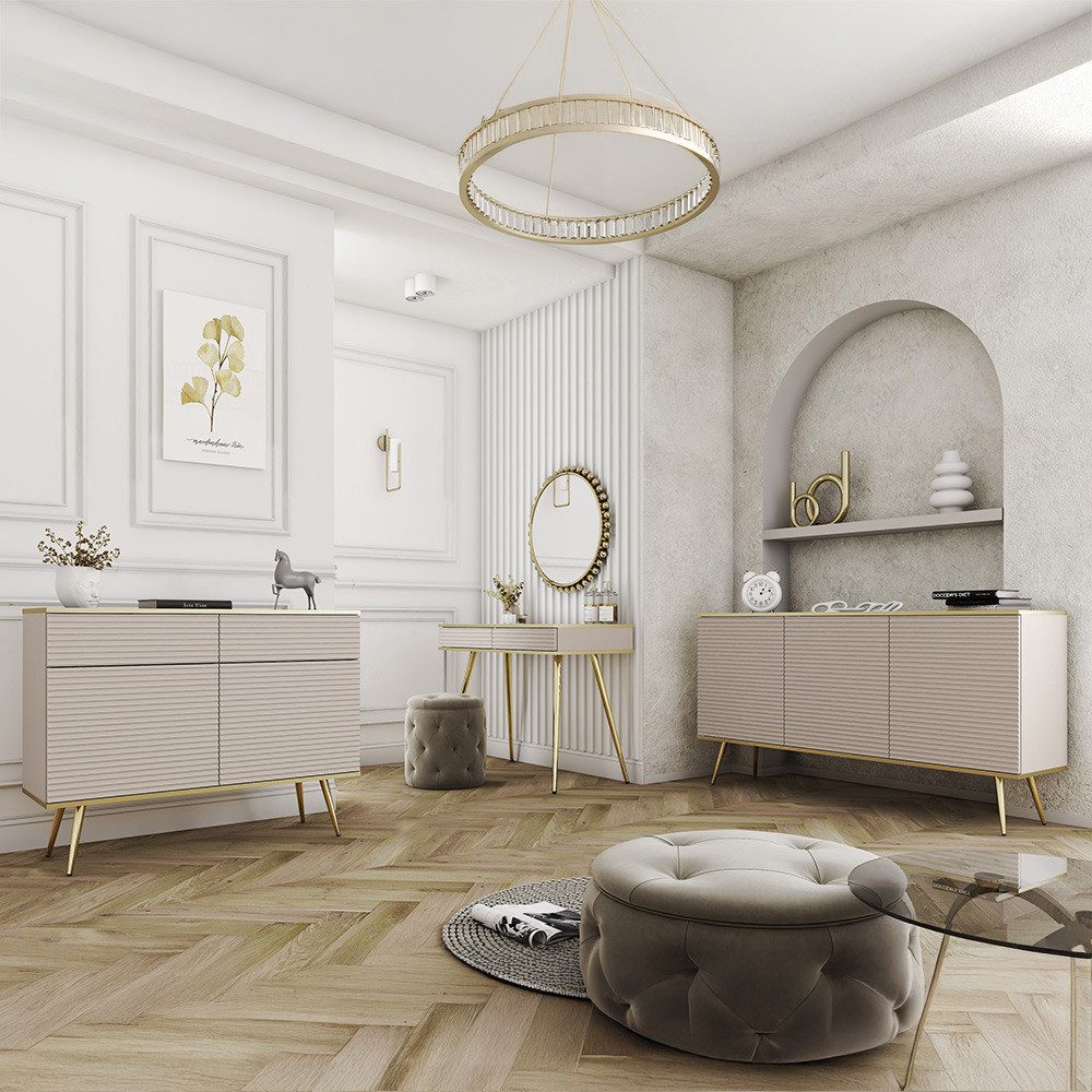 Lomadox Wohnzimmer-Set OLOVO-160, (Mega-Spar-Set, 3-St., Schminktisch), Beige, Rillenfront, goldene Highlights und Füße, Push-to-open