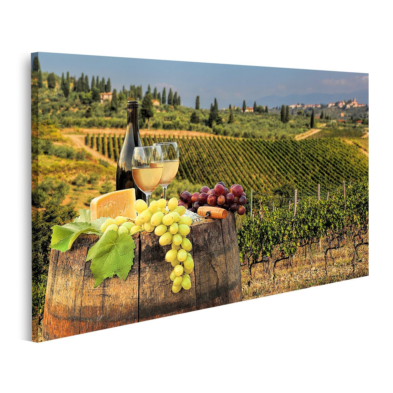 Leinwandbild Bild auf Leinwand Weißwein mit Fass auf Weinberg in Chianti Toskana It