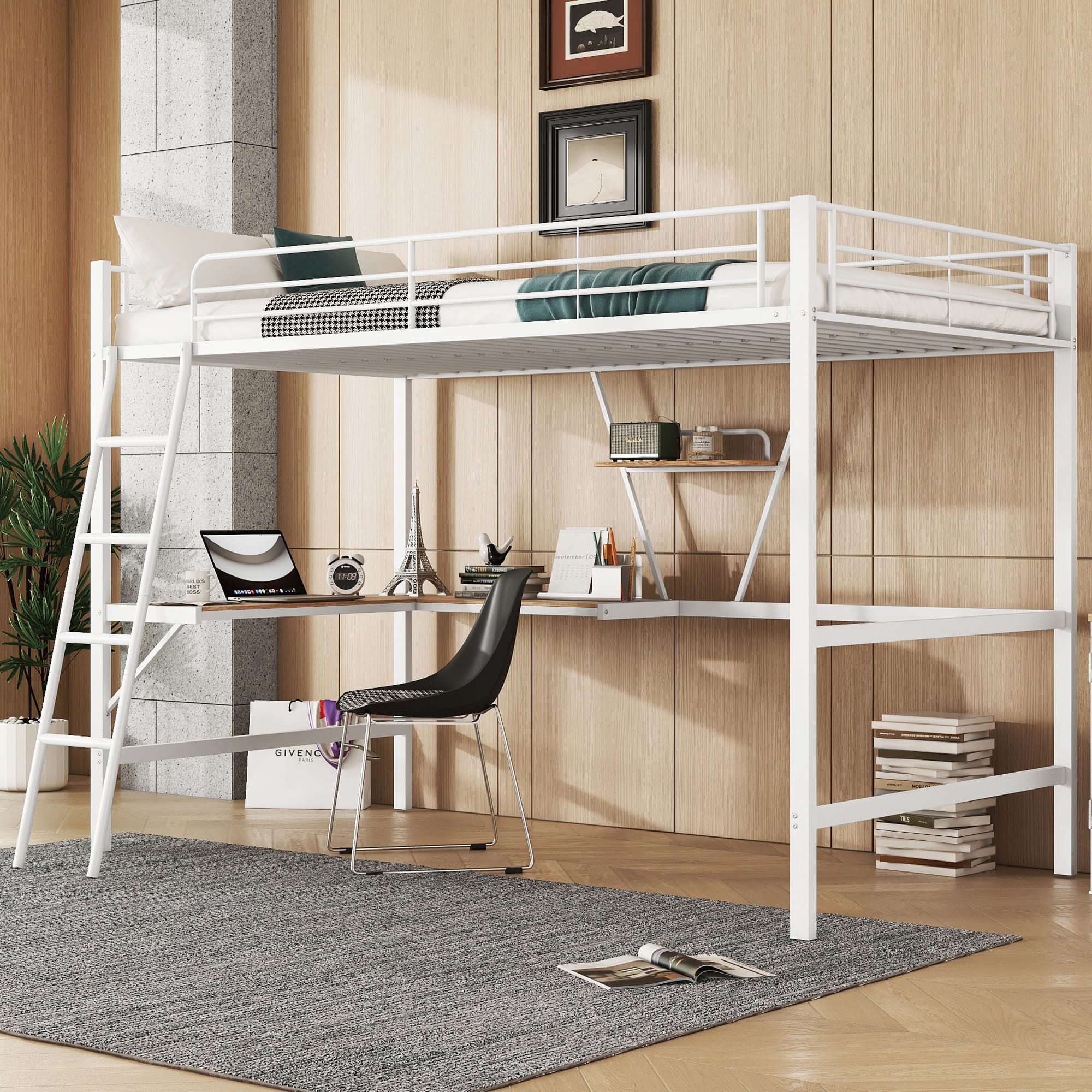 Ulife Loft Bed 90x200 with L-Shaped Desk & Shelf (White, Metal)
