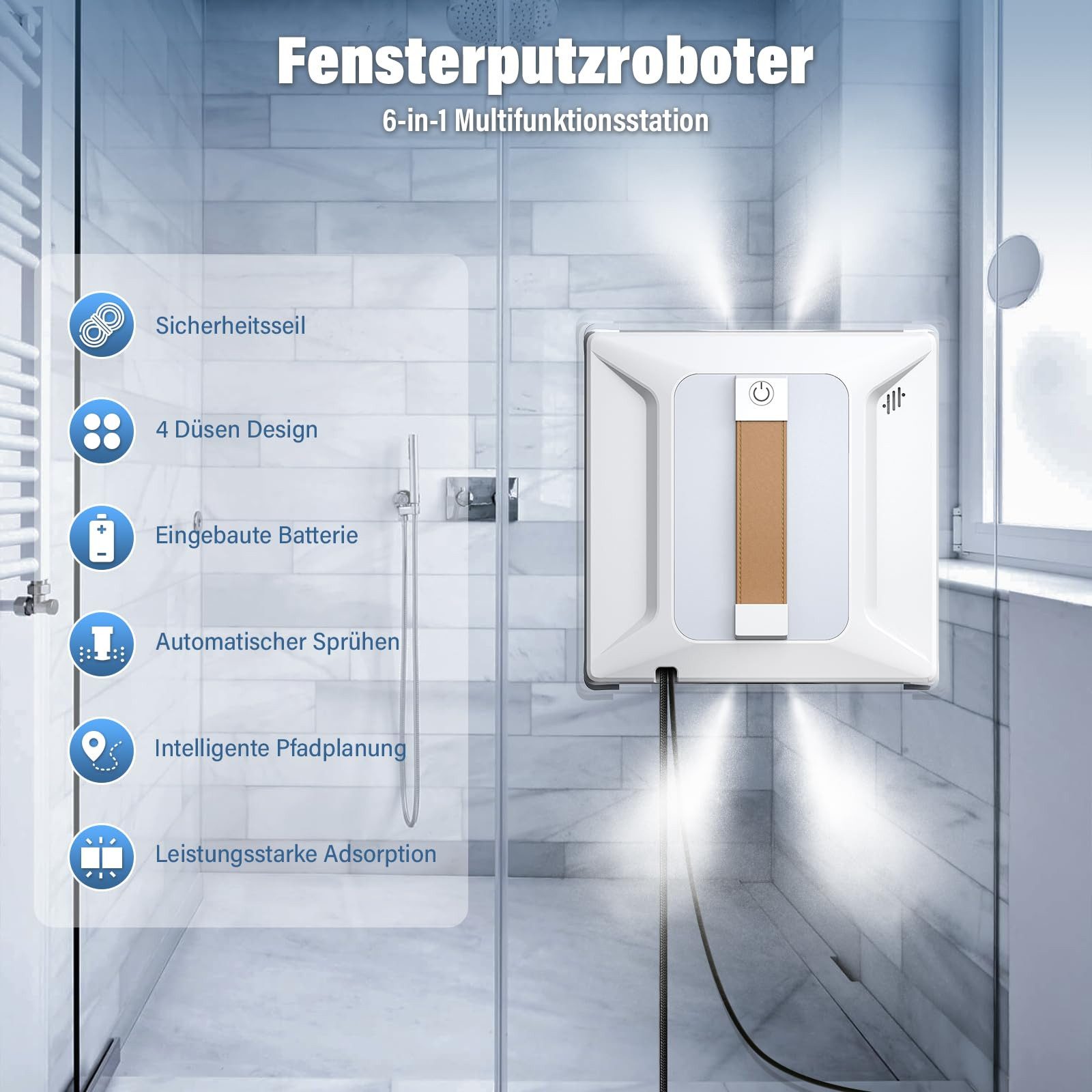 AIBISTAR Fensterputzroboter Fenstersauger Automatischer Fensterreiniger Elektrisch 6000KPA, 100 ml Wassertank,Intelligentes Sprühsystem,Absturzsicherung