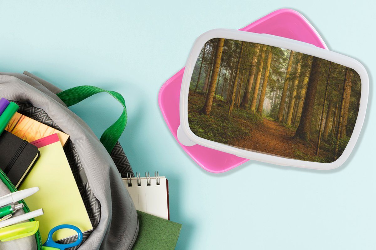 MuchoWow Lunchbox Wald - Kinder, (2-tlg), Mädchen, Kunststoff Brotdose Bäume Laub, Kunststoff, Landschaft Erwachsene, - - Snackbox, - rosa Brotbox Natur für