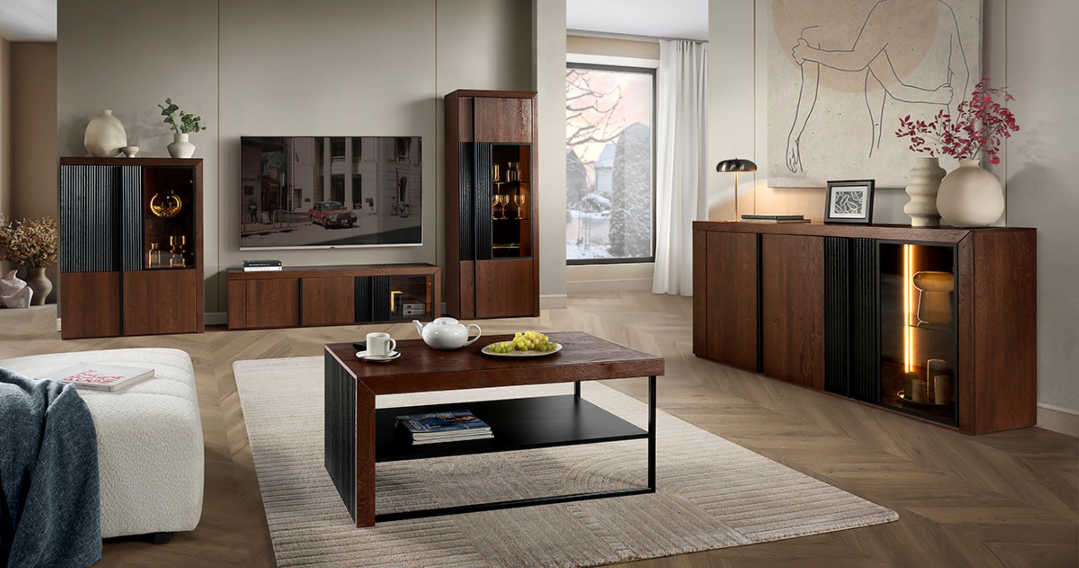 99rooms Wohnwand Vils, (Set (5-St), Wohnmöbel), mit viel Stauraum, LED-Beleuchtung, Soft-Close, aus Massivholz